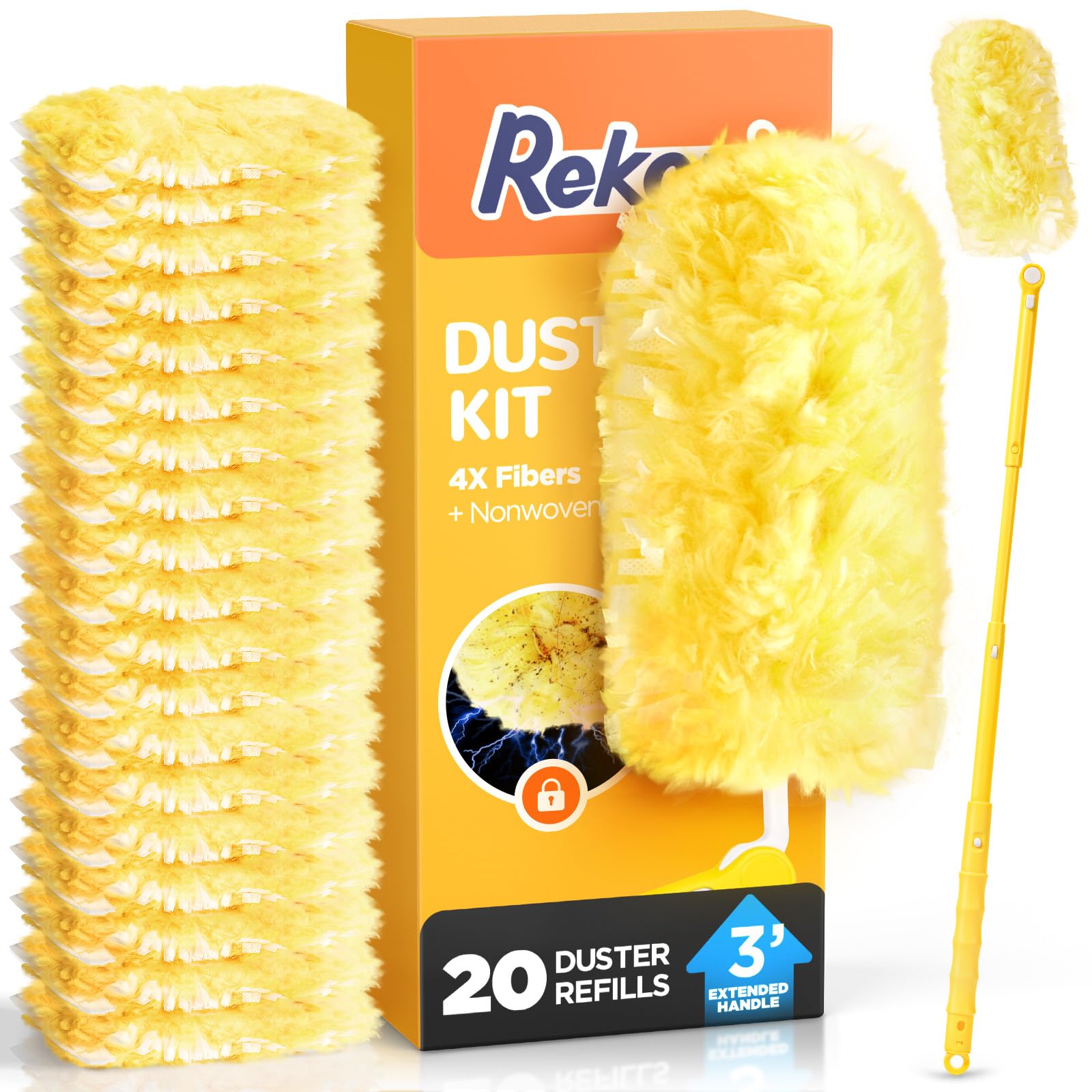 Heavy Duty Duster Refill Kit for Swiffer Duster with 3 ft Extension Pole & 20 Count Refills, 4X Microfibers Multisurface Dusters for Cleaning Home