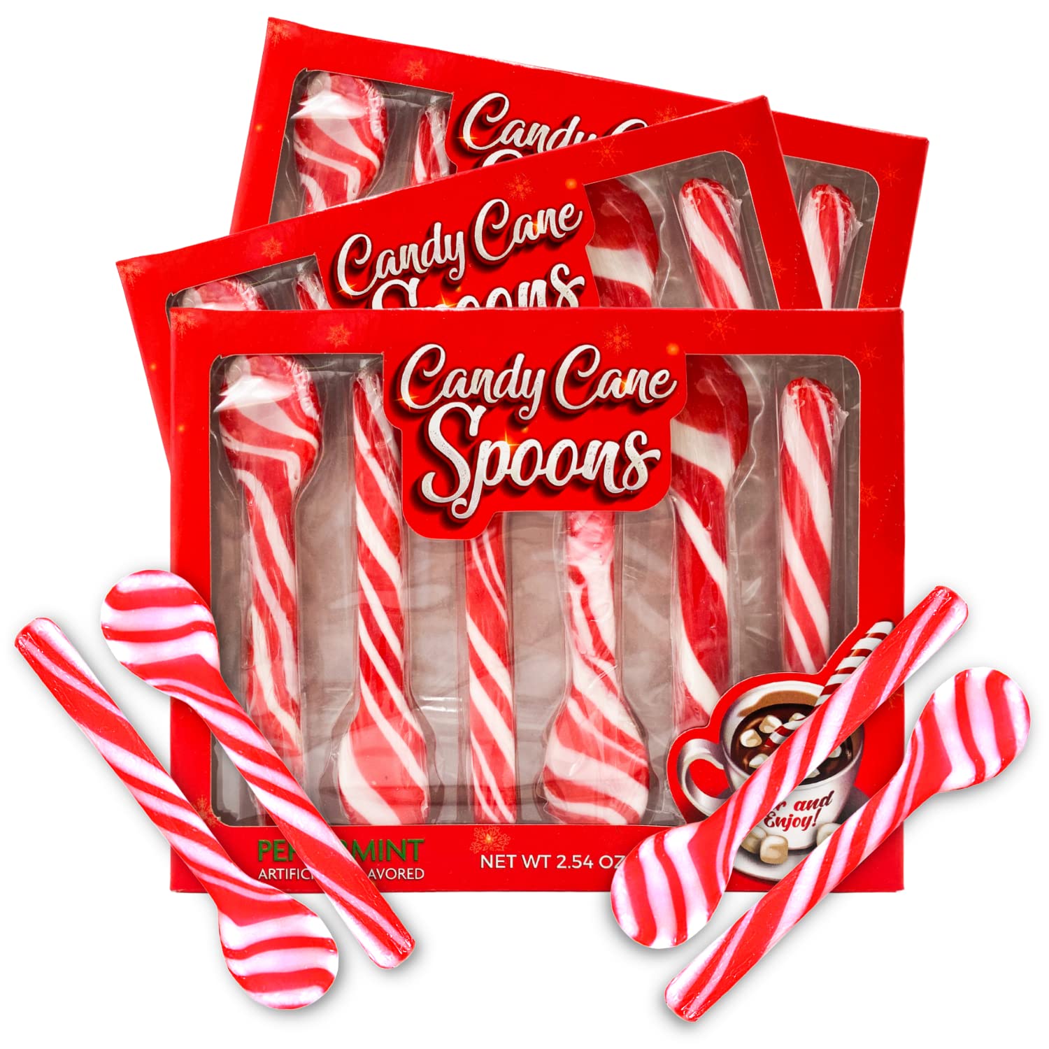 Candy Cane Peppermint Spoons, Edible Stirring Sticks for Hot Chocolate Beverages, Cocoa, Tea, Coffee, Stocking Stuffers Holiday Gifts, 3 Pack, 2.54