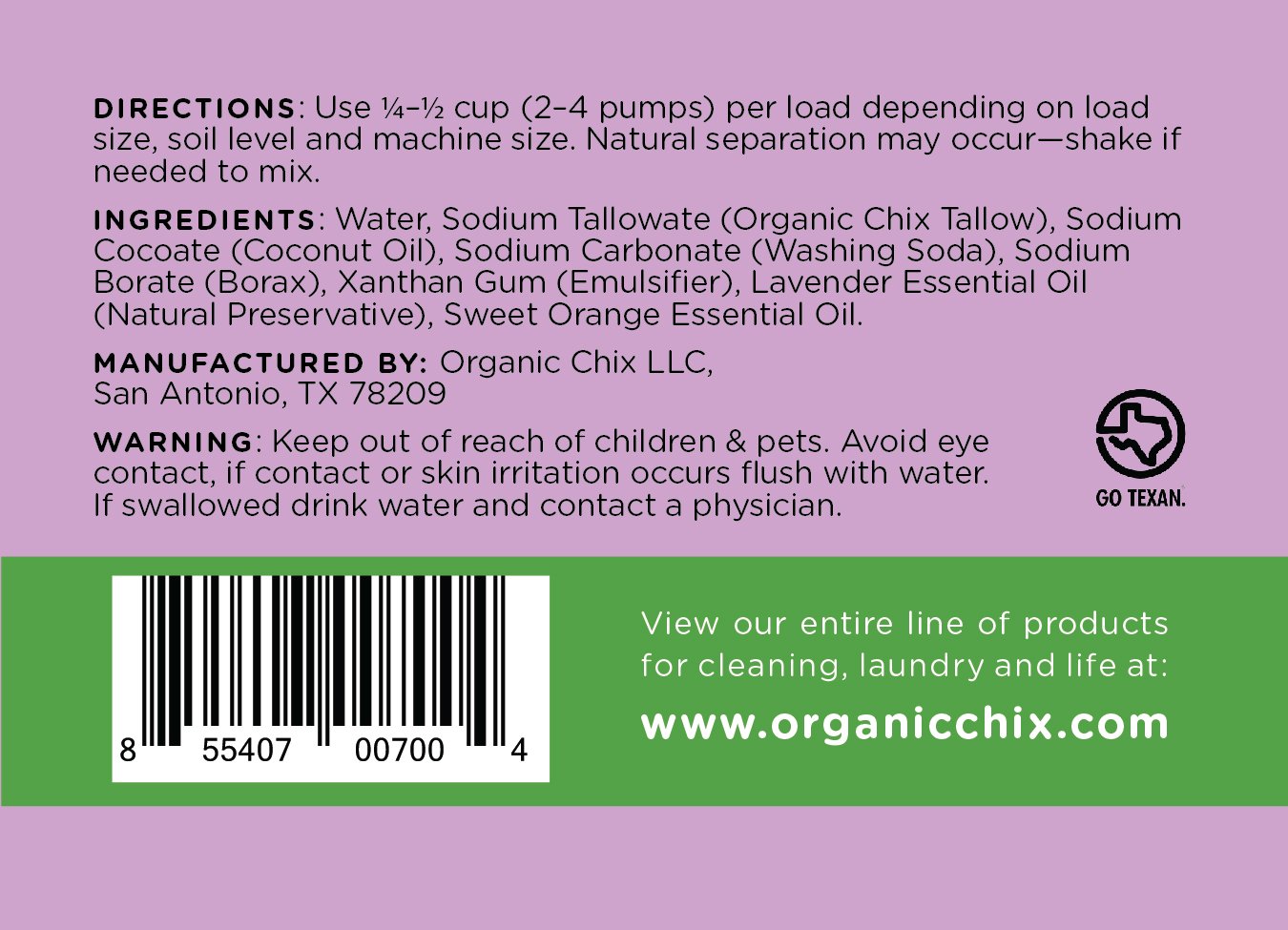 Organic Chix, all natural Laundry Soap, lavender infused, free & clear 96oz Spout Pack