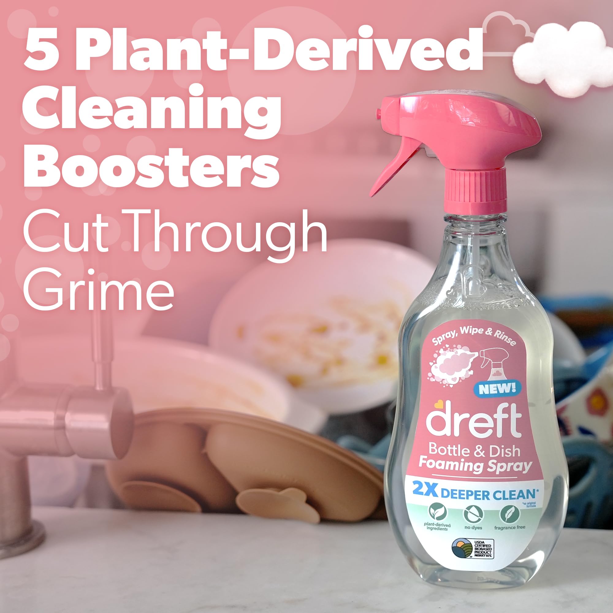 Dreft Foaming Baby Bottle and Dish Cleaning Spray, Plant-Derived Formula, 18 Fl Oz