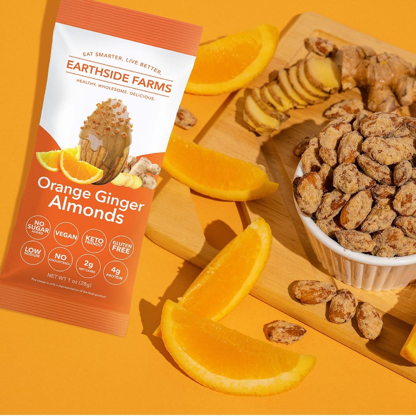 Earthside Farms Orange Ginger Almonds Snack Packs, No Sugar Added Keto Friendly Nuts, Vegan Gluten Free Non GMO Low Carb Snack, Plant Protein Treat