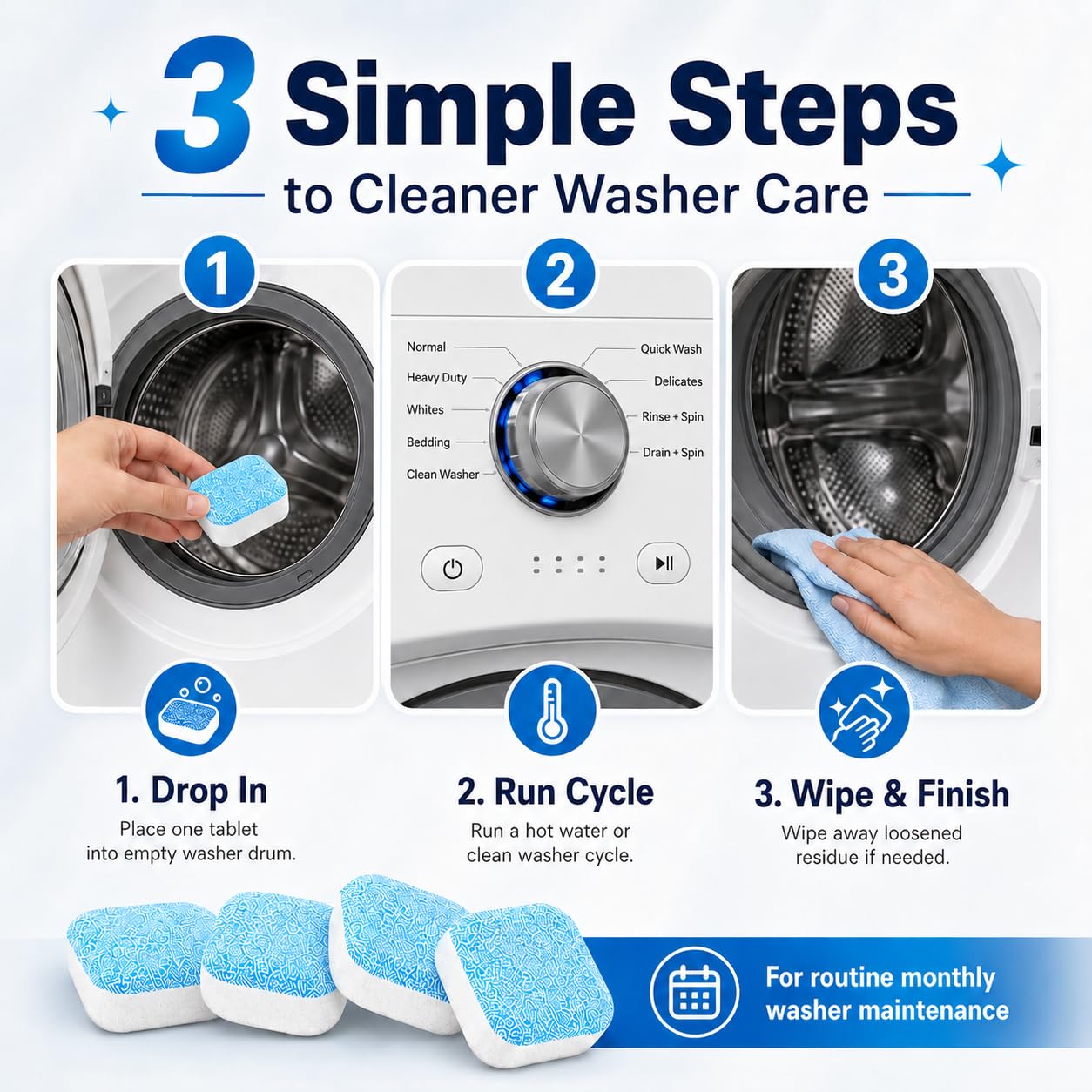 Washing Machine Cleaner Tablets 24 Pack, Washer Machine Cleaner Descaler for HE Front Loader & Top Load Washers, Laundry Machine Cleaner Tablets