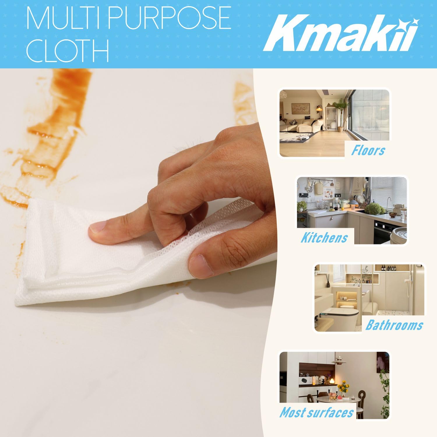 KMAKII Handi Wipe Reusable Cloths - Multi-Purpose Disposable Dish Cloths and Towels, Ultra Absorbent, Fast-Dry, Durable Cleaning Wipes for Kitchen