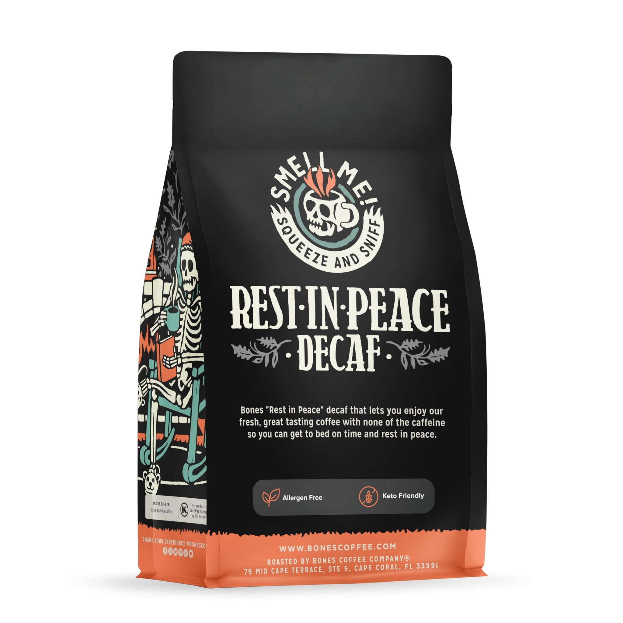 Bones Coffee Company Rest in Peace Decaffeinated Unflavored Coffee, Medium Roast Low Acid Arabica Beans Compatible with Auto drip and French Press
