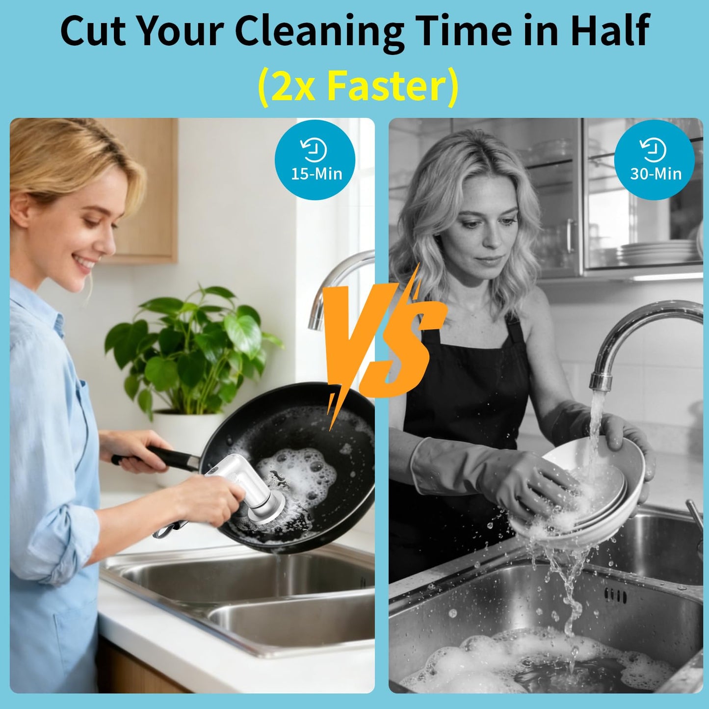 Electric Dish Scrubber, Mini Cordless Kitchen Cleaning Brush with 4 Replaceable Heads, 20W High-Torque Dual Speed, IPX7 Waterproof LED Display 90-120