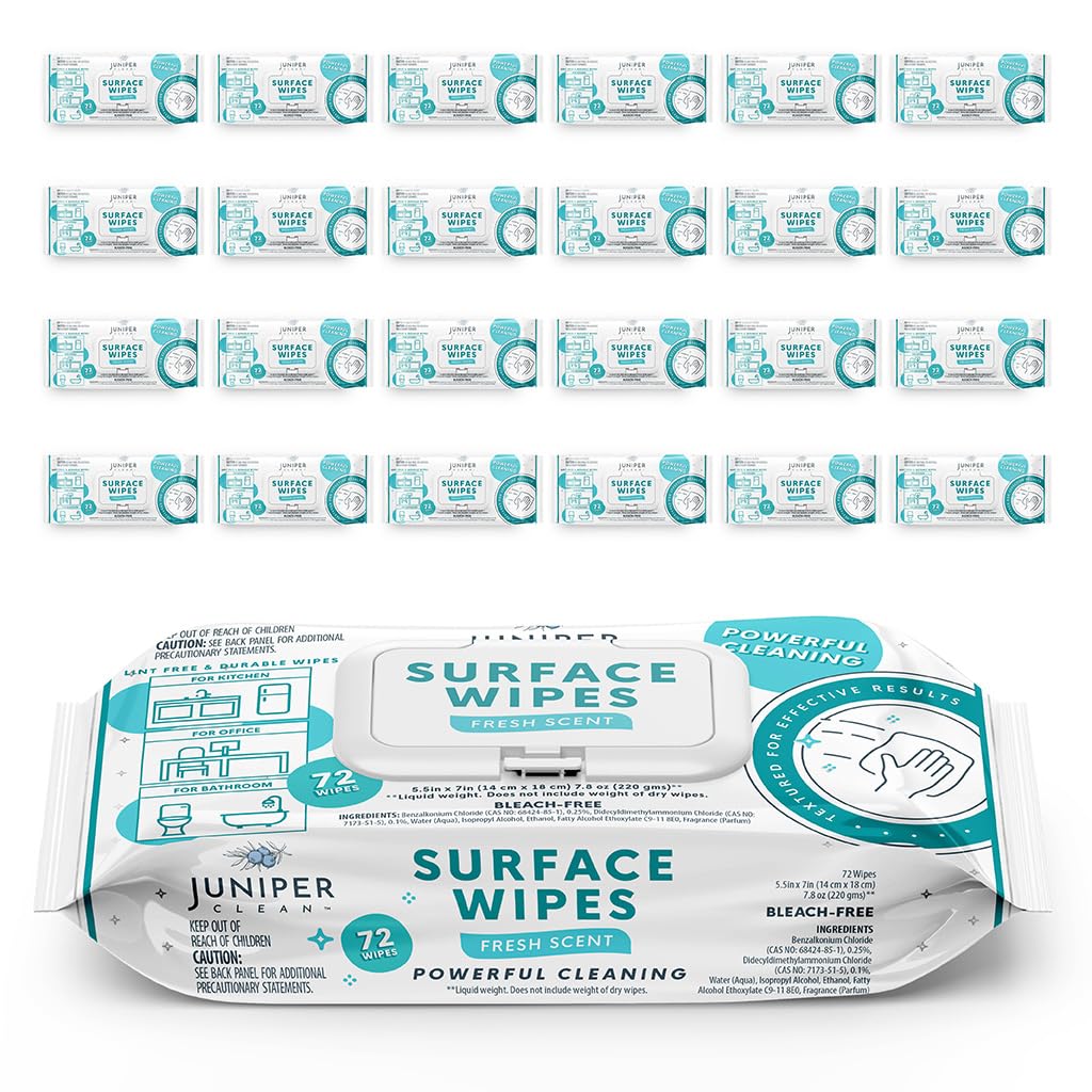 Juniper CLEAN 24 Pack Surface Cleaning Wipes Bleach Free, All-Purpose Cleaner for Bathroom, Kitchen, Office, 1728 Count Soft Flow, Fresh Scent, Bleach