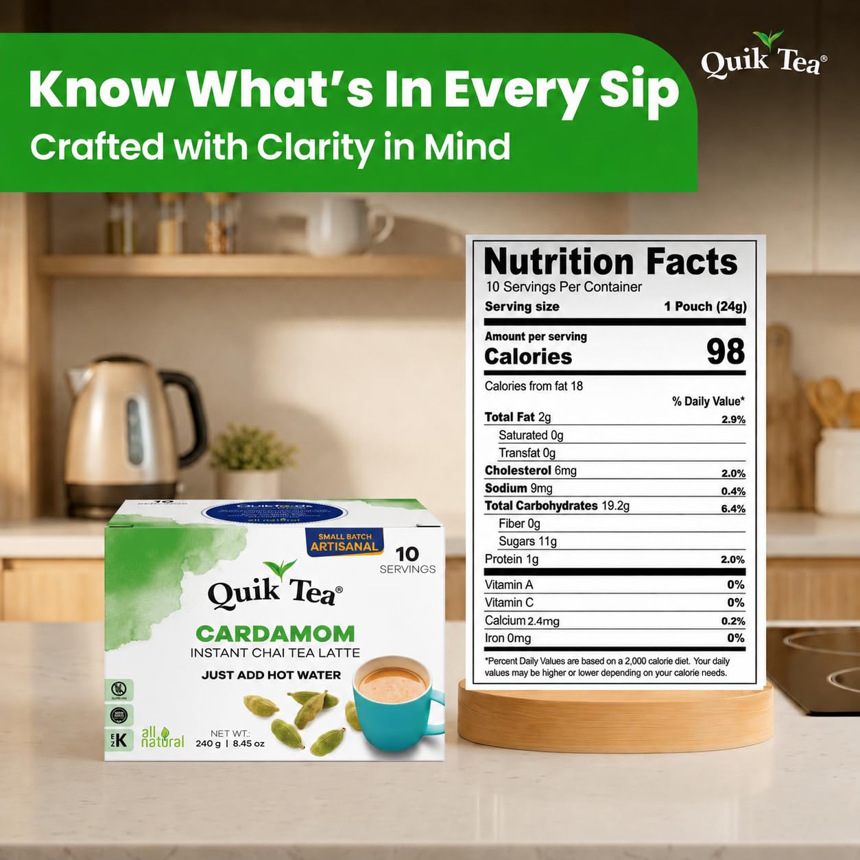 QuikTea Instant Cardamom Chai Tea Latte, 10 Single-Serve Sachets, Artisanal Indian Chai Latte Mix, Just Add Hot Water, Low Caffeine, Non-GMO, Gluten