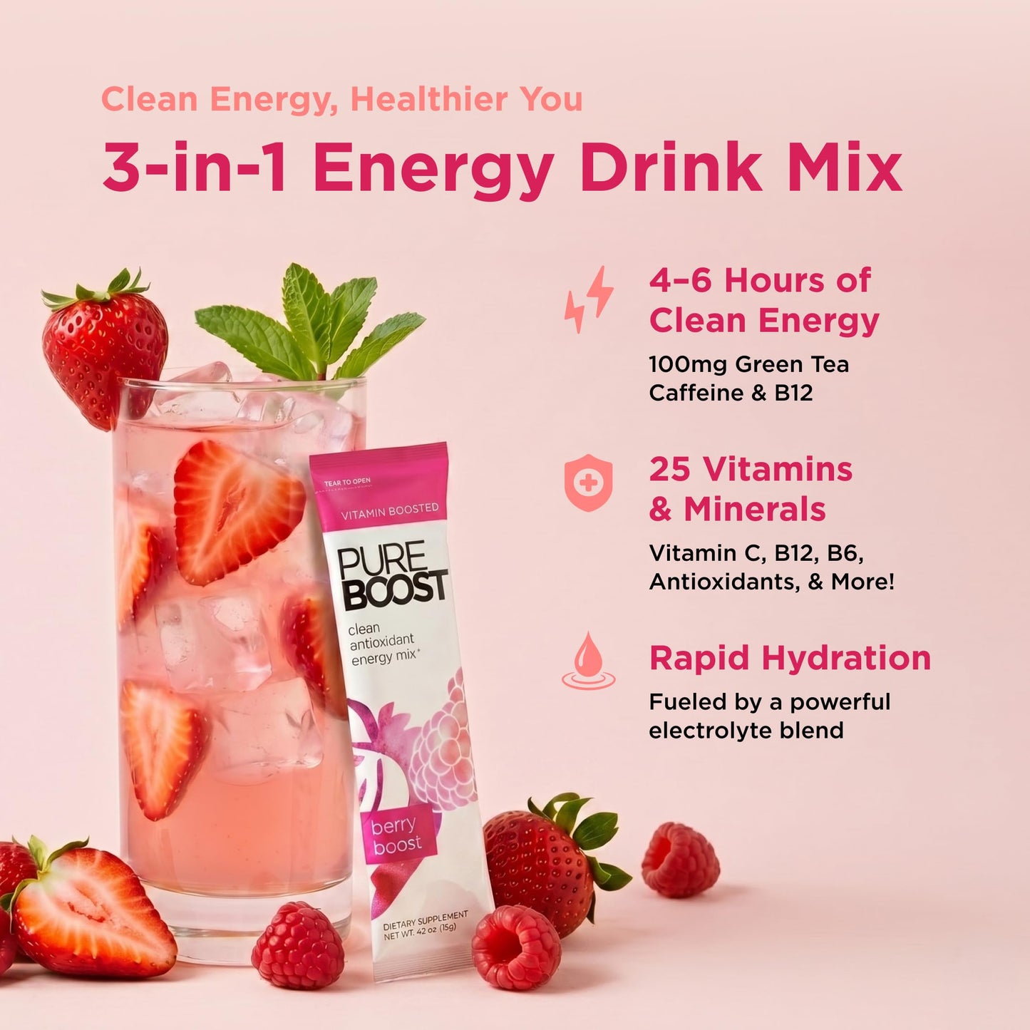 Pureboost Sugar-Free Clean Energy Booster Drink Mix, Berry Boost 30ct