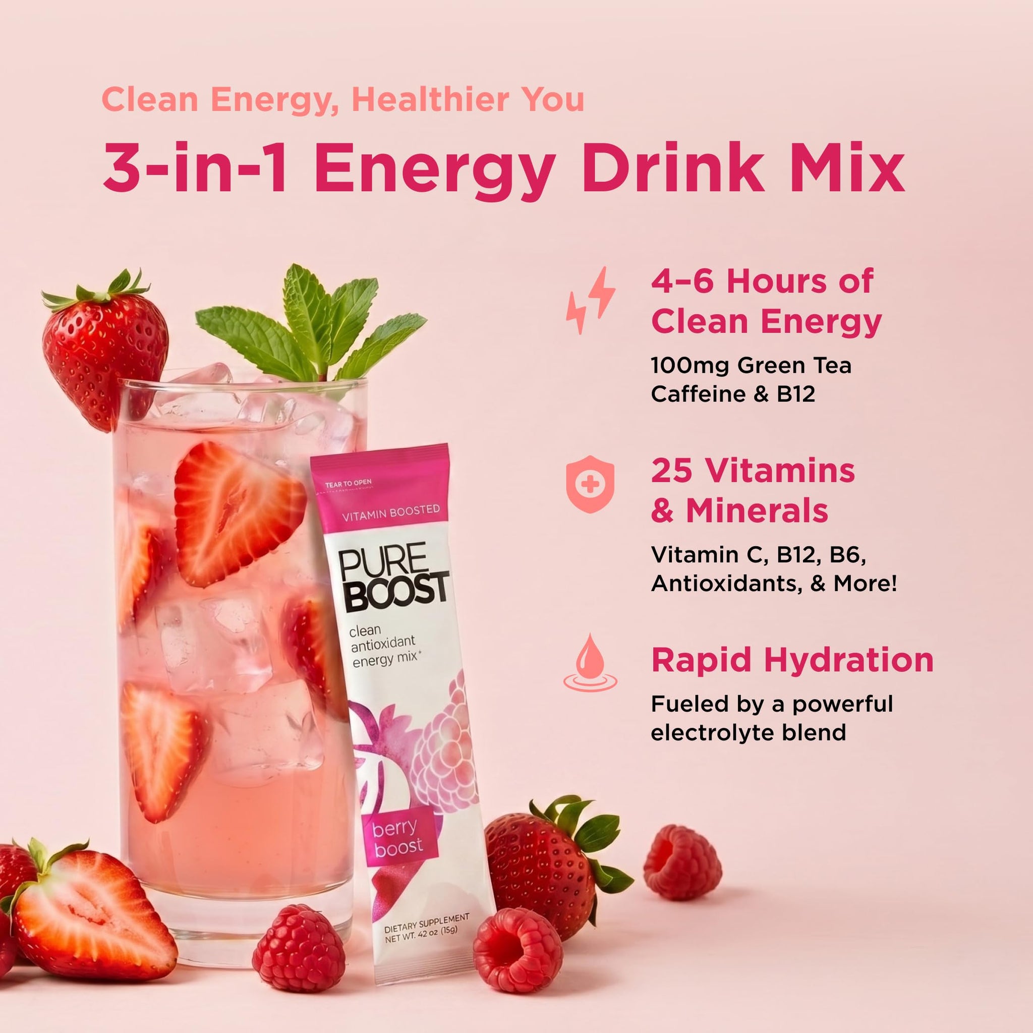 Pureboost Sugar-Free Clean Energy Booster Drink Mix, Berry Boost 30ct