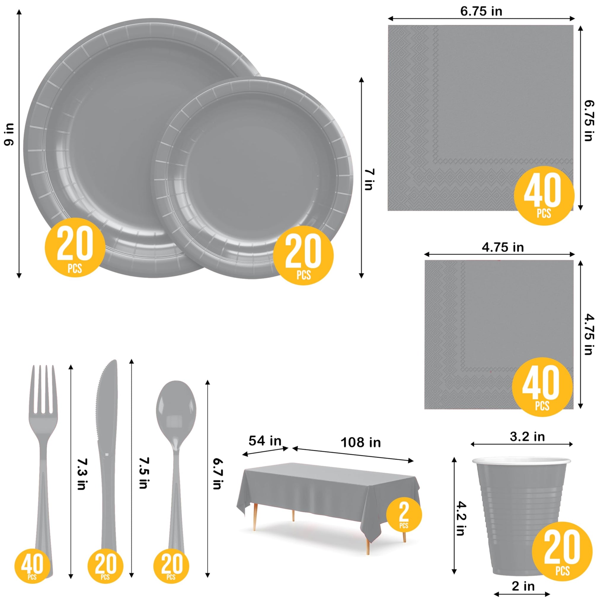 Party Solids 222 Pcs Silver Paper Plates and Napkins Sets, Disposable Plates For Party, Lunch & Cocktail Napkins Paper, 18oz Plastic Cups, Cutlery