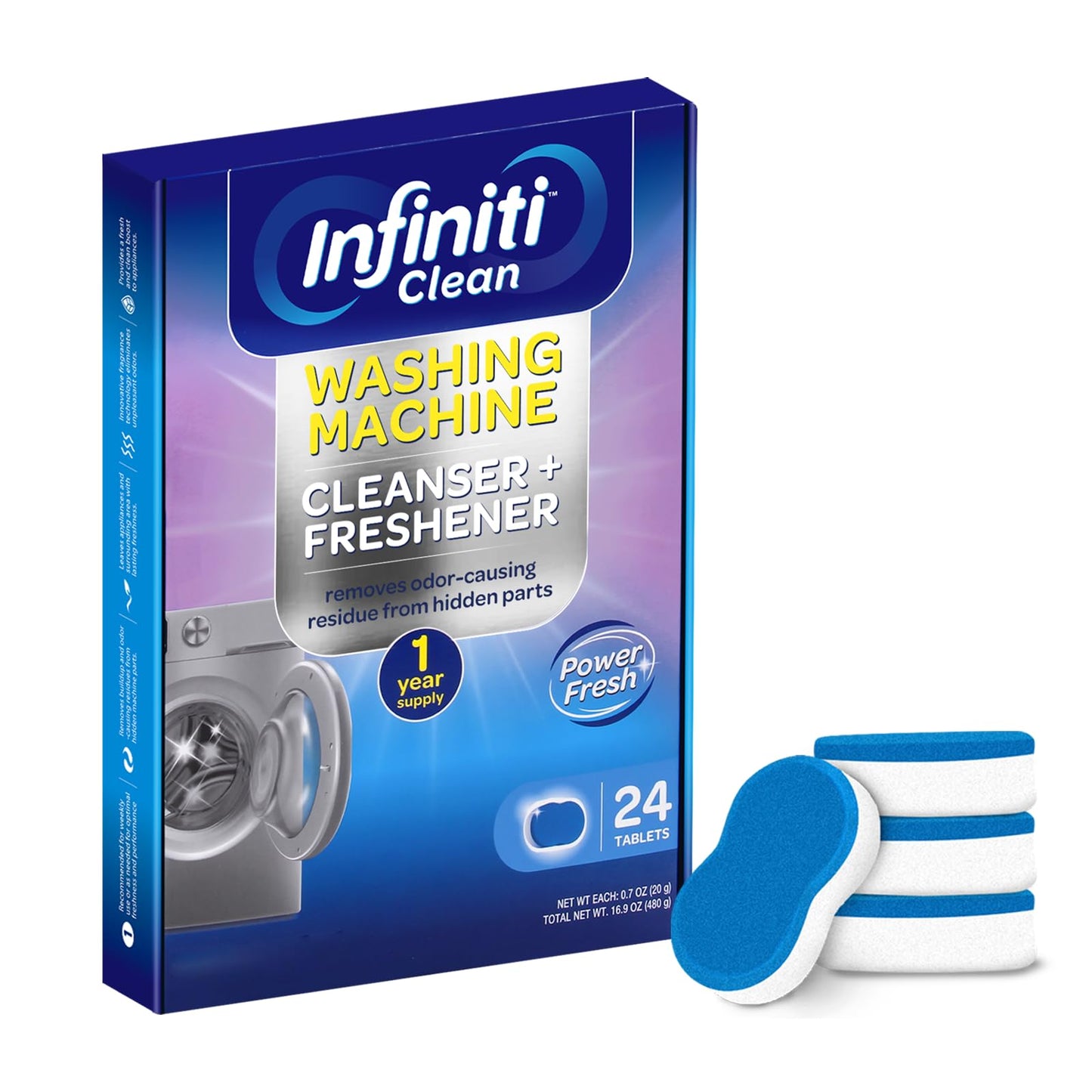 Infiniti Clean Washing Machine Cleaner Tablets 24 Pack - 16.9oz Washing Machine Cleaner Top Load, Septic Safe Washer Machine Cleaner Tablets, HE