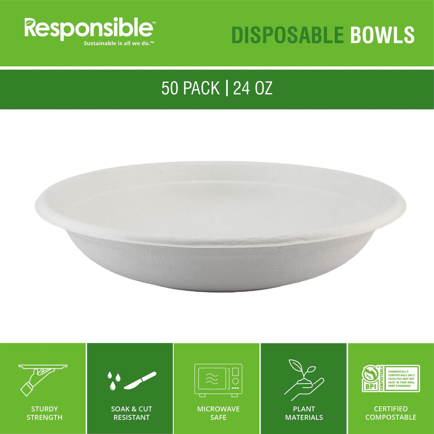 Responsible Products bowls are eco-friendly, Disposable Paper Bowls 24oz For Hot Soup (50 Count),Heavy Duty Paper Dinner Bowls, Dessert Bowls, Made