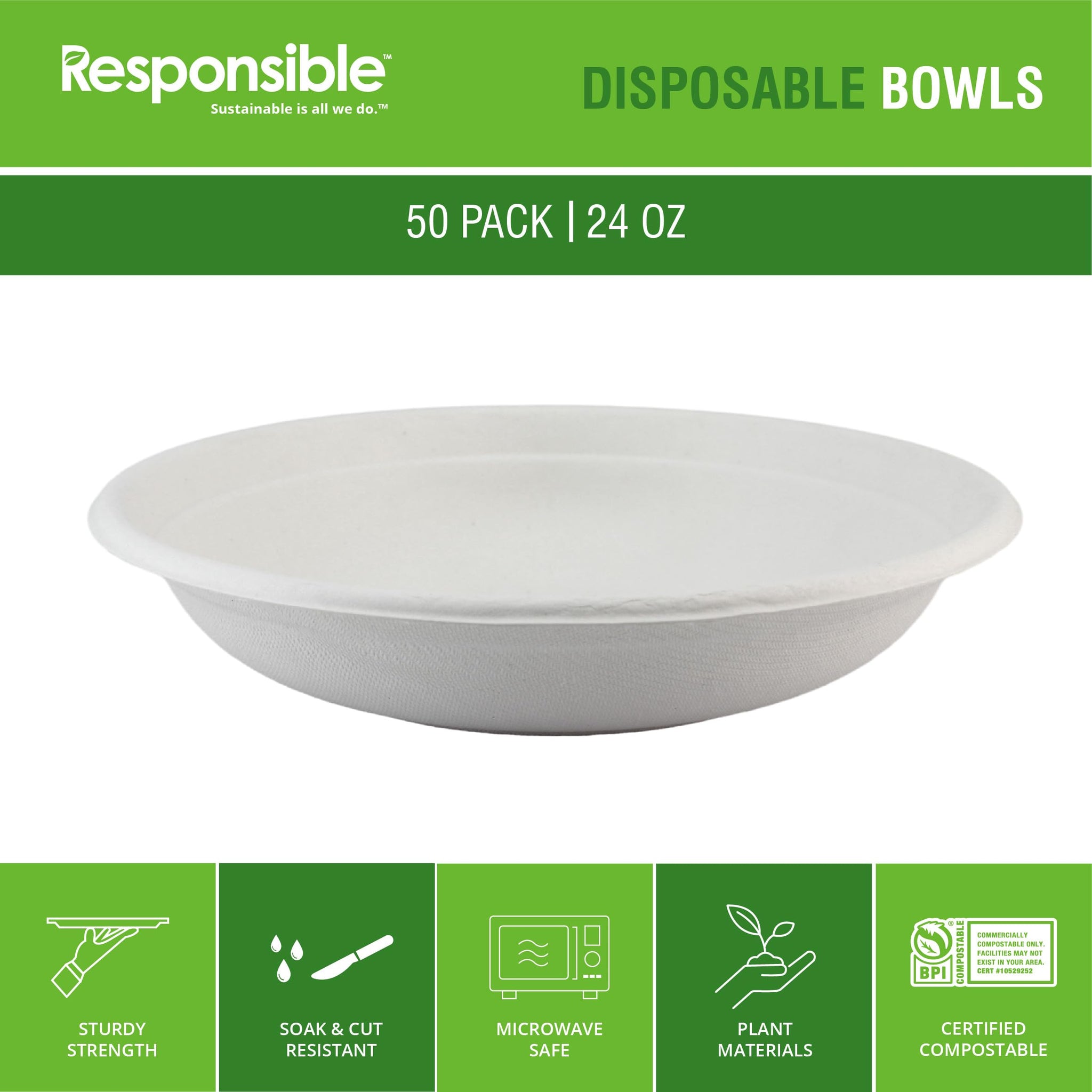 Responsible Products bowls are eco-friendly, Disposable Paper Bowls 24oz For Hot Soup (50 Count),Heavy Duty Paper Dinner Bowls, Dessert Bowls, Made
