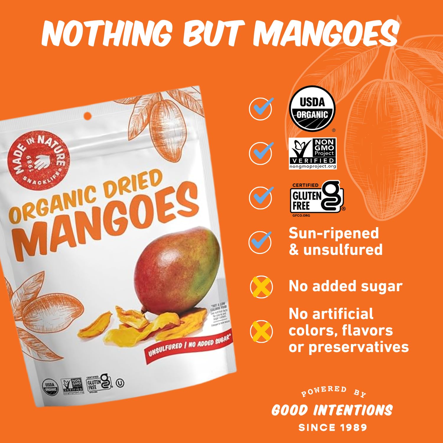 Made in Nature Organic Dried Mangoes, Non-GMO, Gluten Free, Unsulfured, Vegan Snack, 3oz (Pack of 1), Packaging May Vary