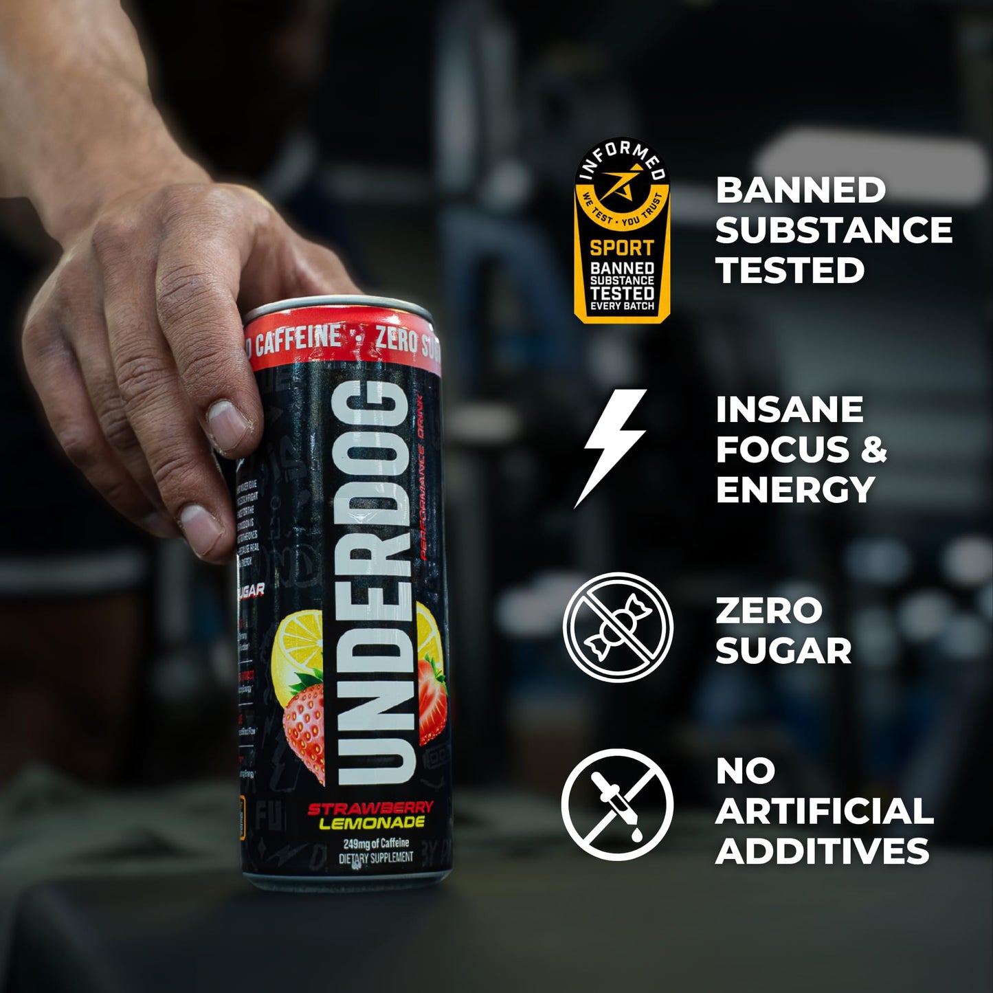 Underdog Performance Energy Drink, Strawberry Lemonade, Nootropics, Green Tea Extract, Citrulline, Clean, Sugar Free Fast & Slow Release 249mg