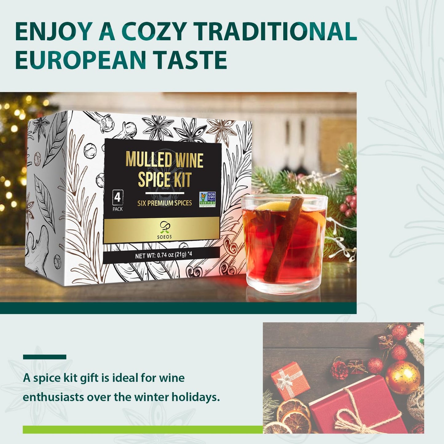 Soeos Mulled Wine Spice Kit 2.96 oz (0.74 oz*4), Mulling Spices for Wine, Apple Cider, and Tea, Mix of Six Premium Mulling Spices, Including Cinnamon