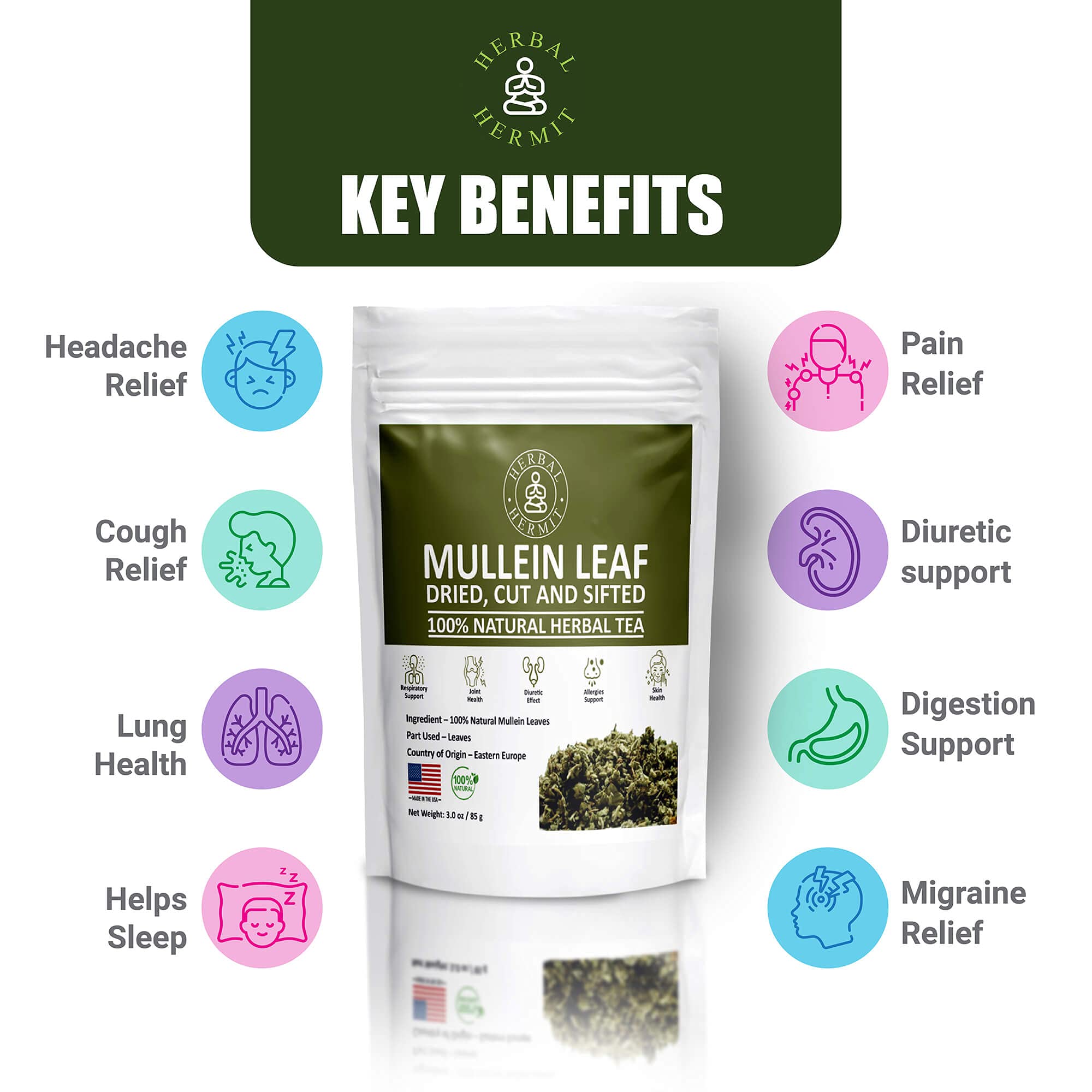 Herbal Hermit Mullein Leaf Tea (3 oz/85 grams) Herb for Respiratory Support, Mucous Membranes, Lung Cleanse Dried Leaves Blend, Cut and Sifted Made in