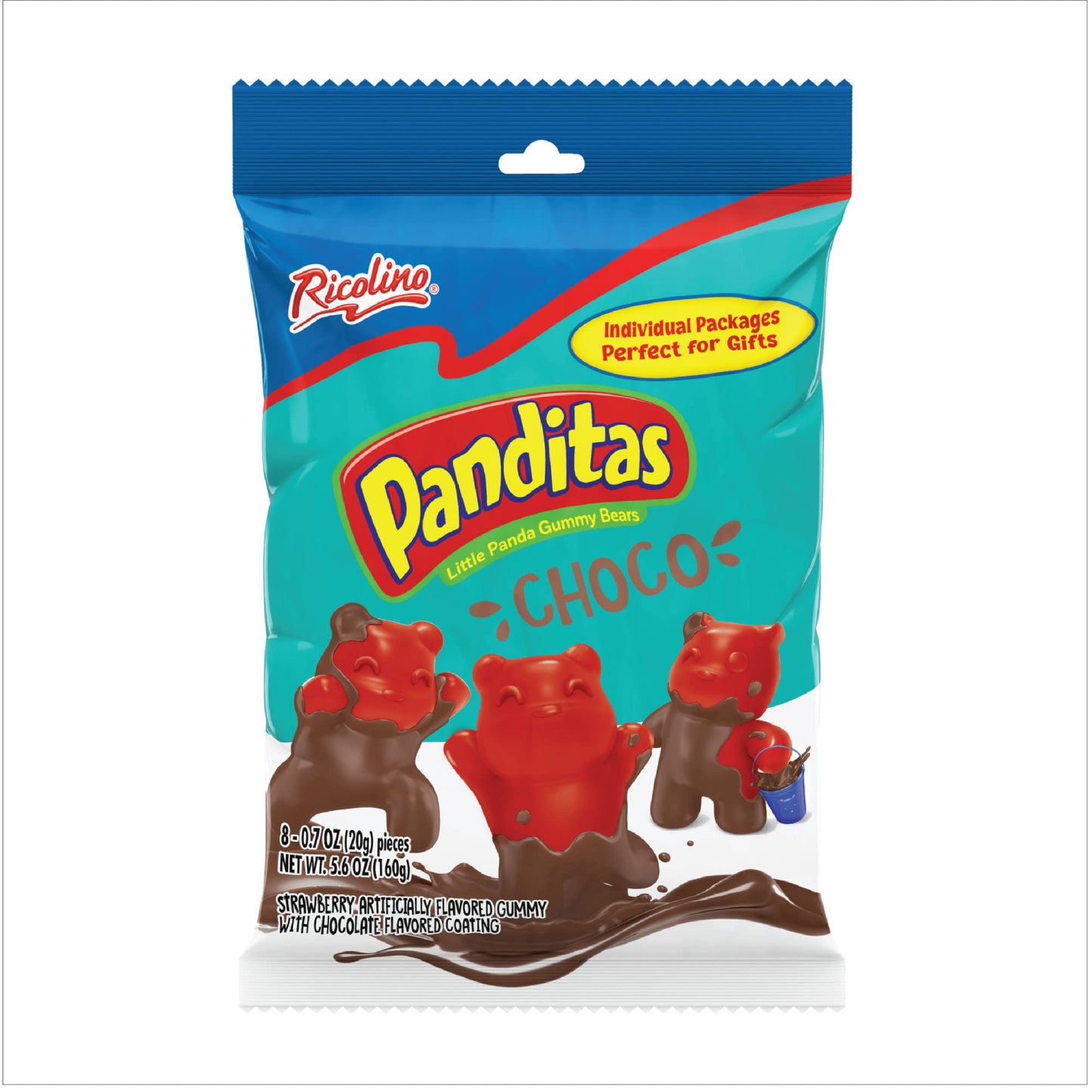 Ricolino Panditas Choco, Little Panda Gummy Bears Candy Pack, Strawberry Artificially Flavored with Chocolate Flavored Coating, 8 Individually Wrapped