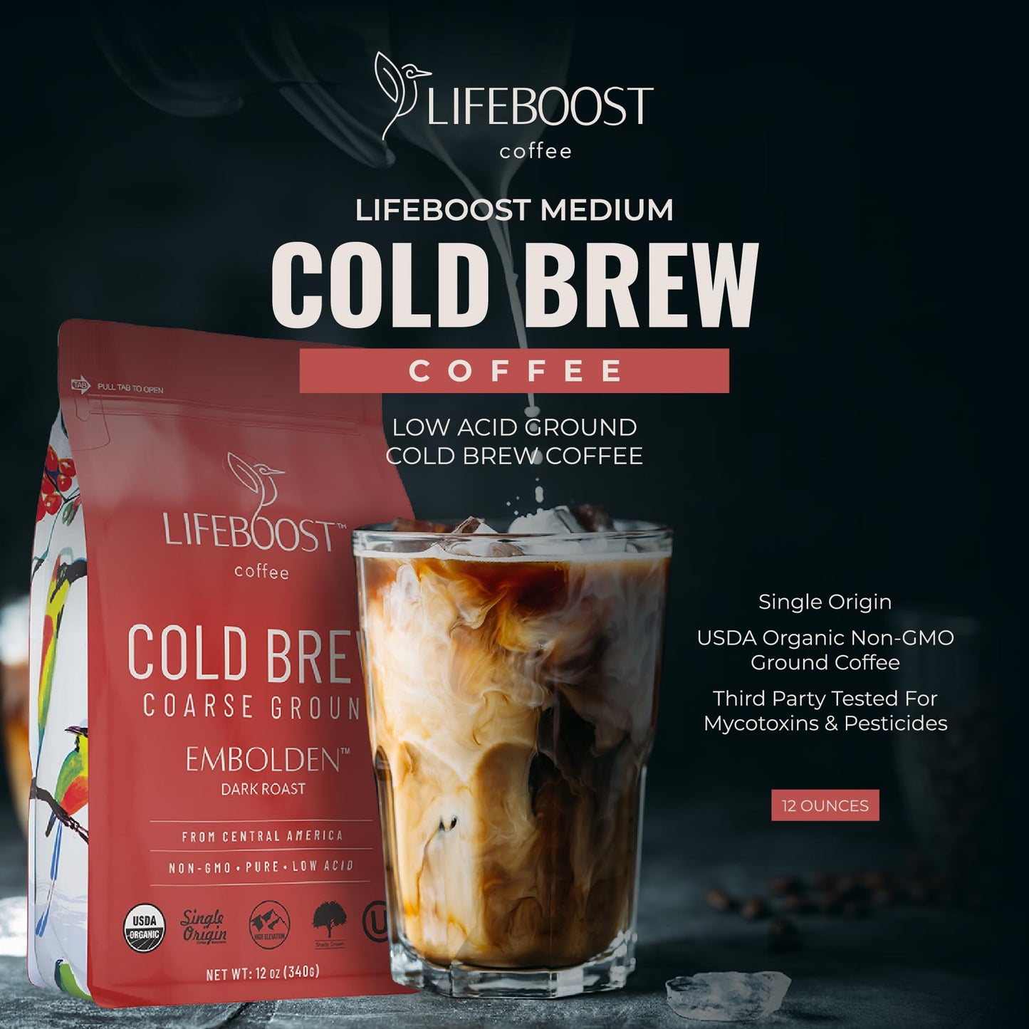 Lifeboost Dark Cold Brew Coffee - Single Origin Non-GMO USDA Organic Low Acid Coarse Ground Coffee for Cold Brew - 3rd Party Tested For Mycotoxins