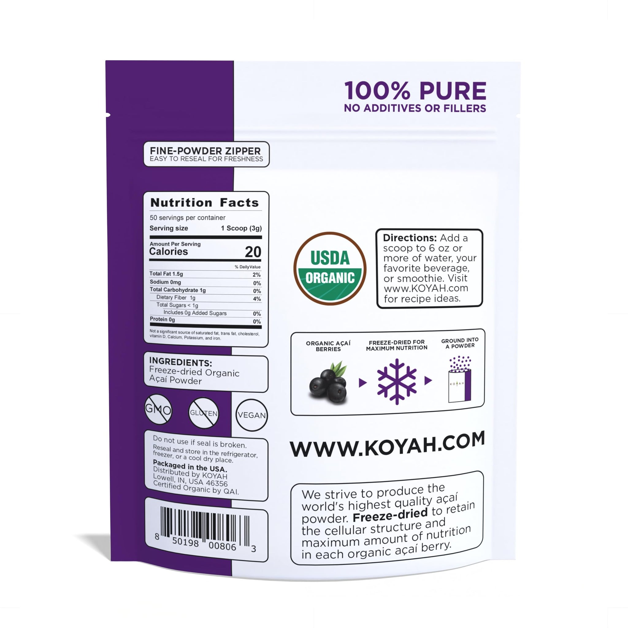 KOYAH - Organic Acai Powder (150g - 50 Servings): Brazil Grown, Freeze-Dried, 100% Pure, No Citric Acid Added, Great in Smoothies and Bowls