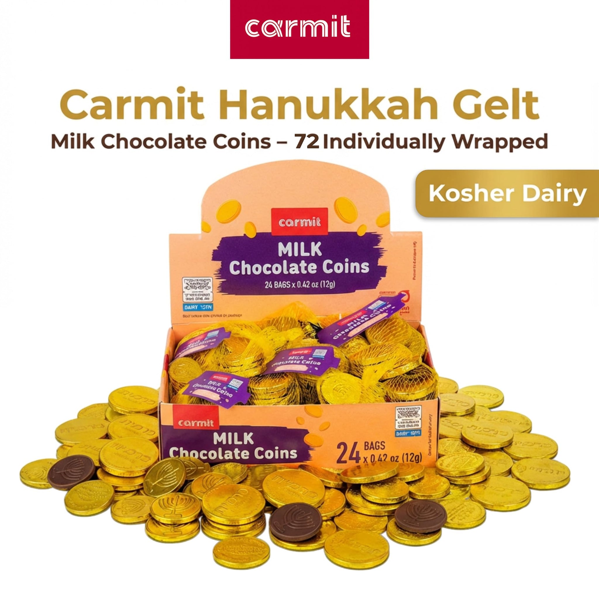 Carmit Gold "Real" Milk Chocolate Coins, (24 Mesh Bags) | Individually Wrapped Menora Embossed Hanukkah Gelt | Holiday Candy, Party Favors | Gluten