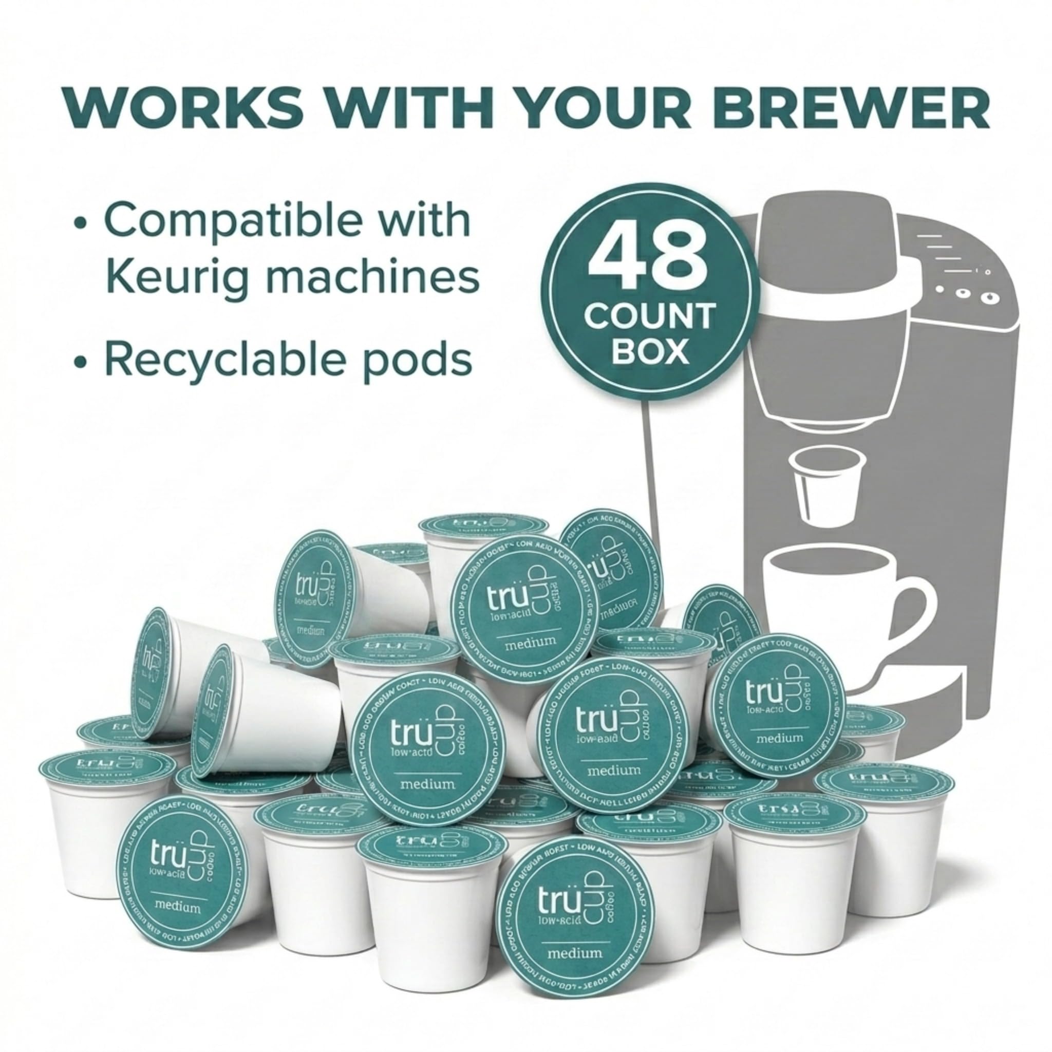 trücup Low Acid Medium Roast Coffee Pods - 48 Count Single Serve K-Cups for Keurig, Gentle on Stomach, Medium Roast