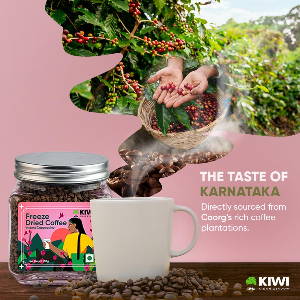 Kiwi Kisan Window Freeze Dried Instant Coffee, 150gm (80+ Cups) | 100% Arabica Beans | Bold & Rich Taste | No Chicory - No Preservatives | Perfect