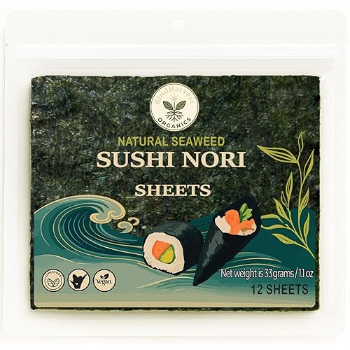 Kindharvest Organics Sushi Nori Sheets - Roasted Seaweed Sheets, 12 Sheets (33g), Premium Grade, Crispy Texture, Rich Umami, Keto, Vegan, Gluten-Free