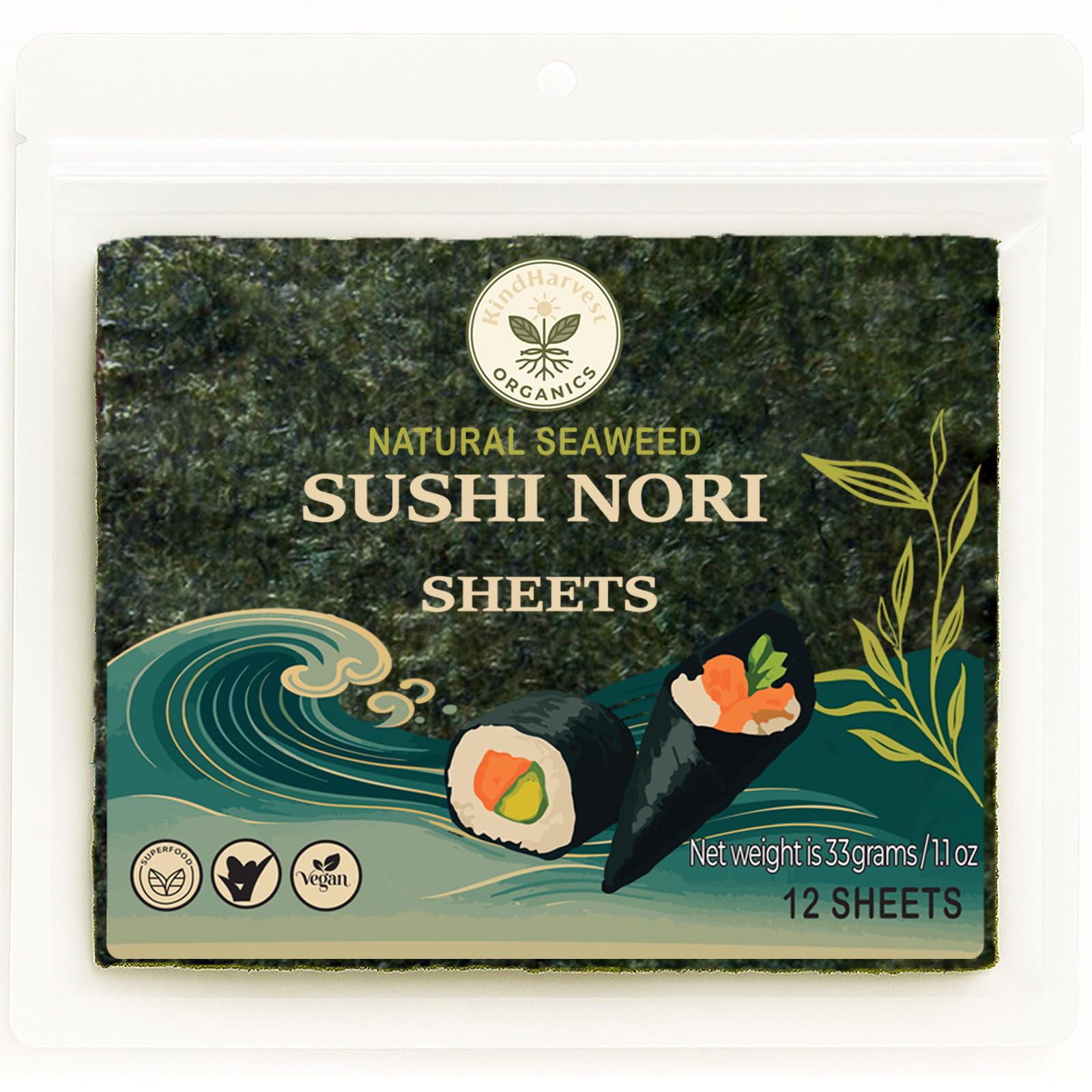 Kindharvest Organics Sushi Nori Sheets - Roasted Seaweed Sheets, 12 Sheets (33g), Premium Grade, Crispy Texture, Rich Umami, Keto, Vegan, Gluten-Free