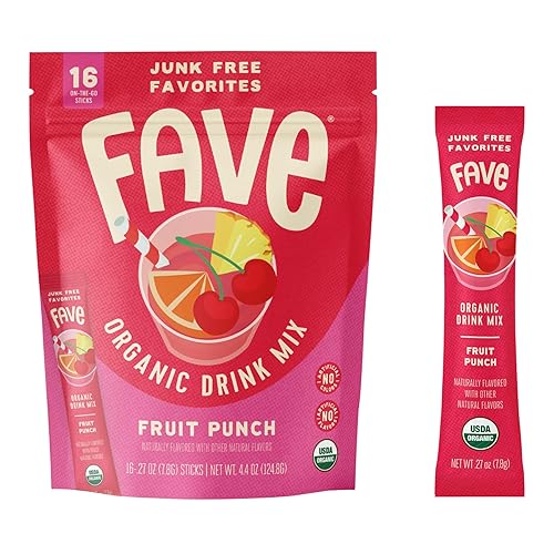 FAVE USDA Organic Fruit Punch Drink Mix, 16 Stick Pouch | No Artificial Colors or Flavors, Non-GMO
