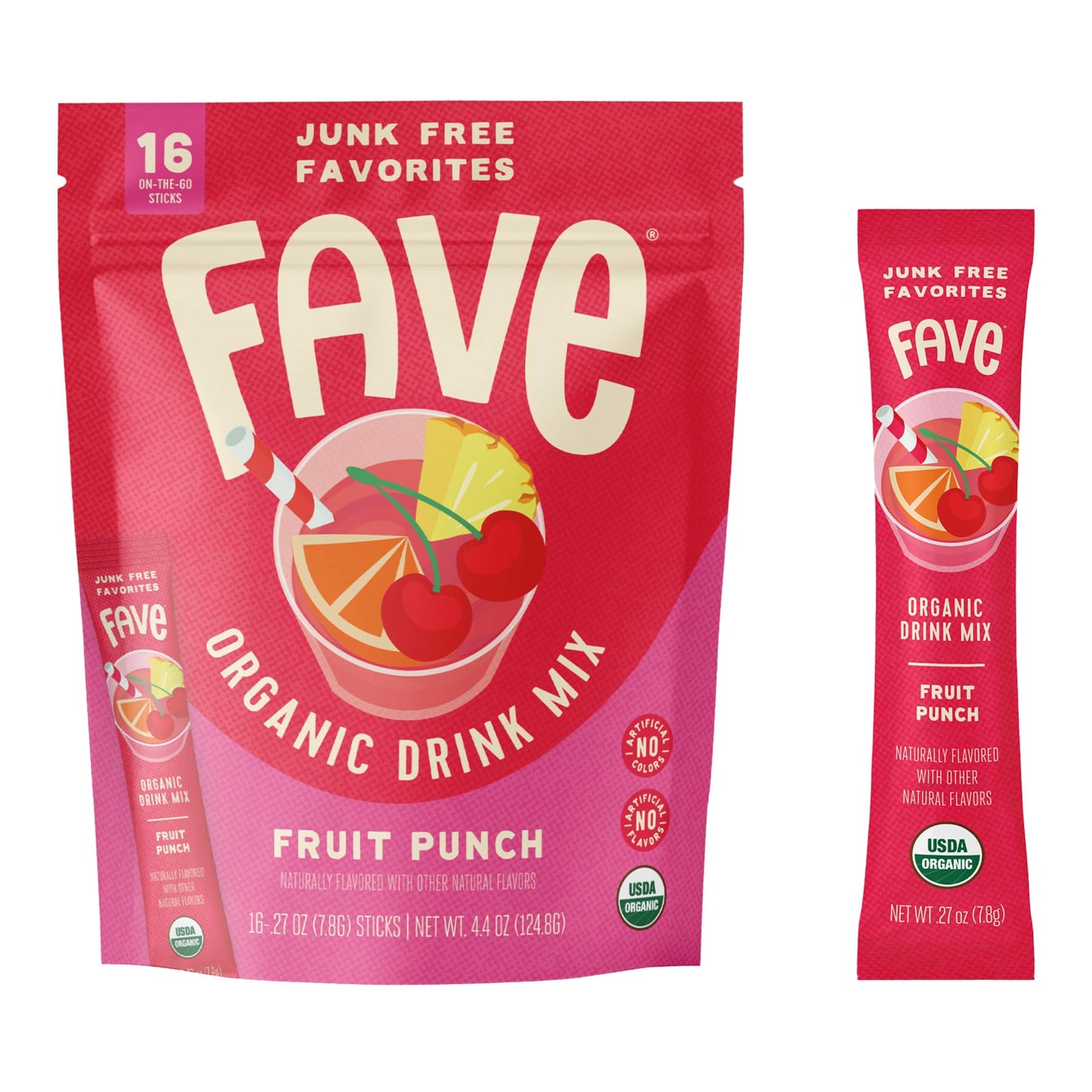 FAVE USDA Organic Fruit Punch Drink Mix, 16 Stick Pouch | No Artificial Colors or Flavors, Non-GMO