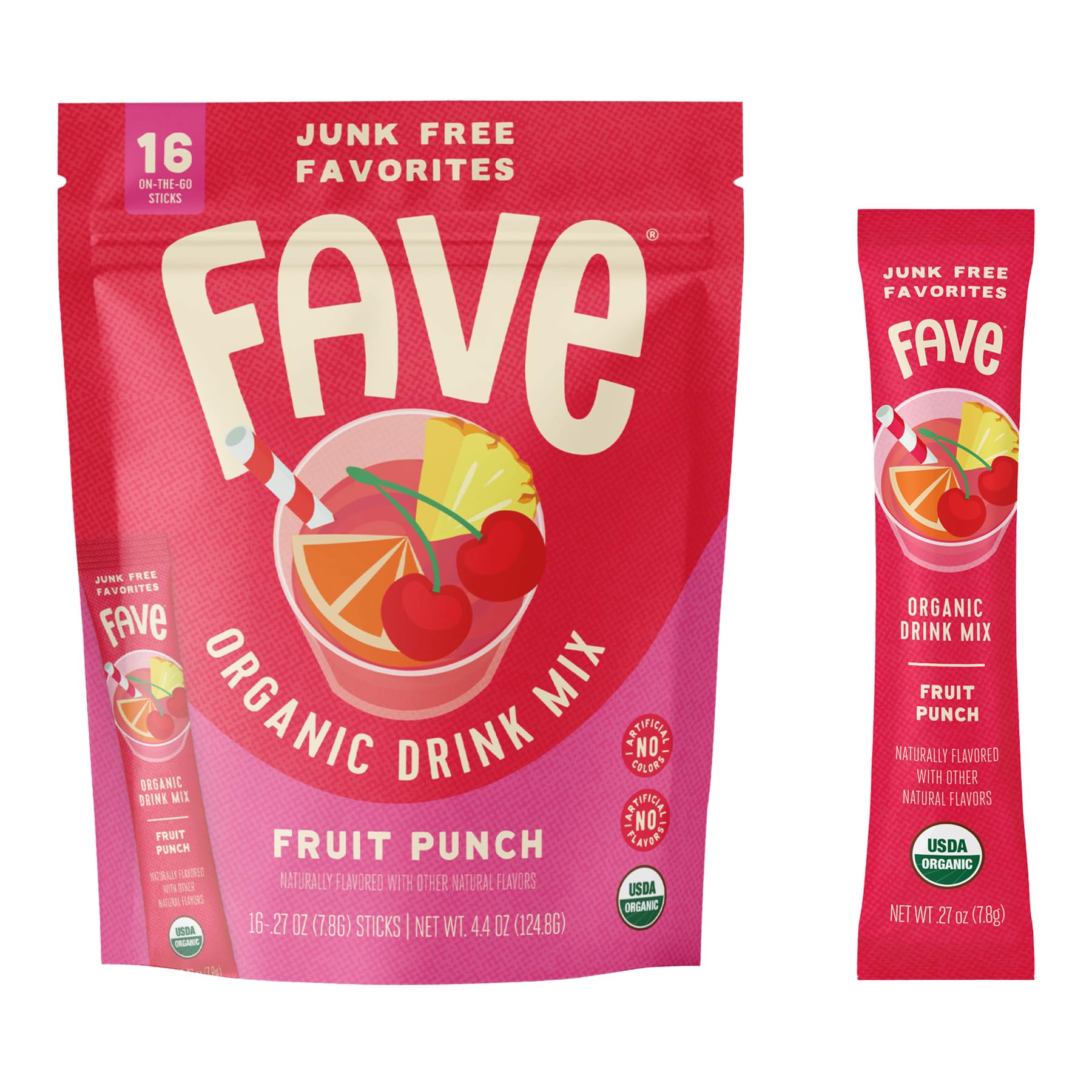 FAVE USDA Organic Fruit Punch Drink Mix, 16 Stick Pouch | No Artificial Colors or Flavors, Non-GMO