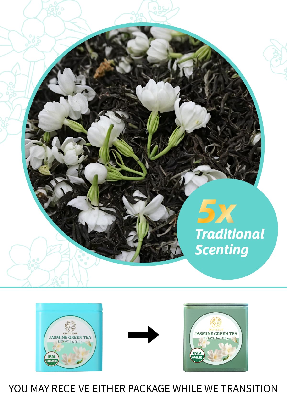 Essencesip Organic Jasmine Green Tea Loose Leaf, 4oz Tin - Scented 5x with 6,000 Fresh Jasmine Blossoms, Low Caffeine, Antioxidant-Rich