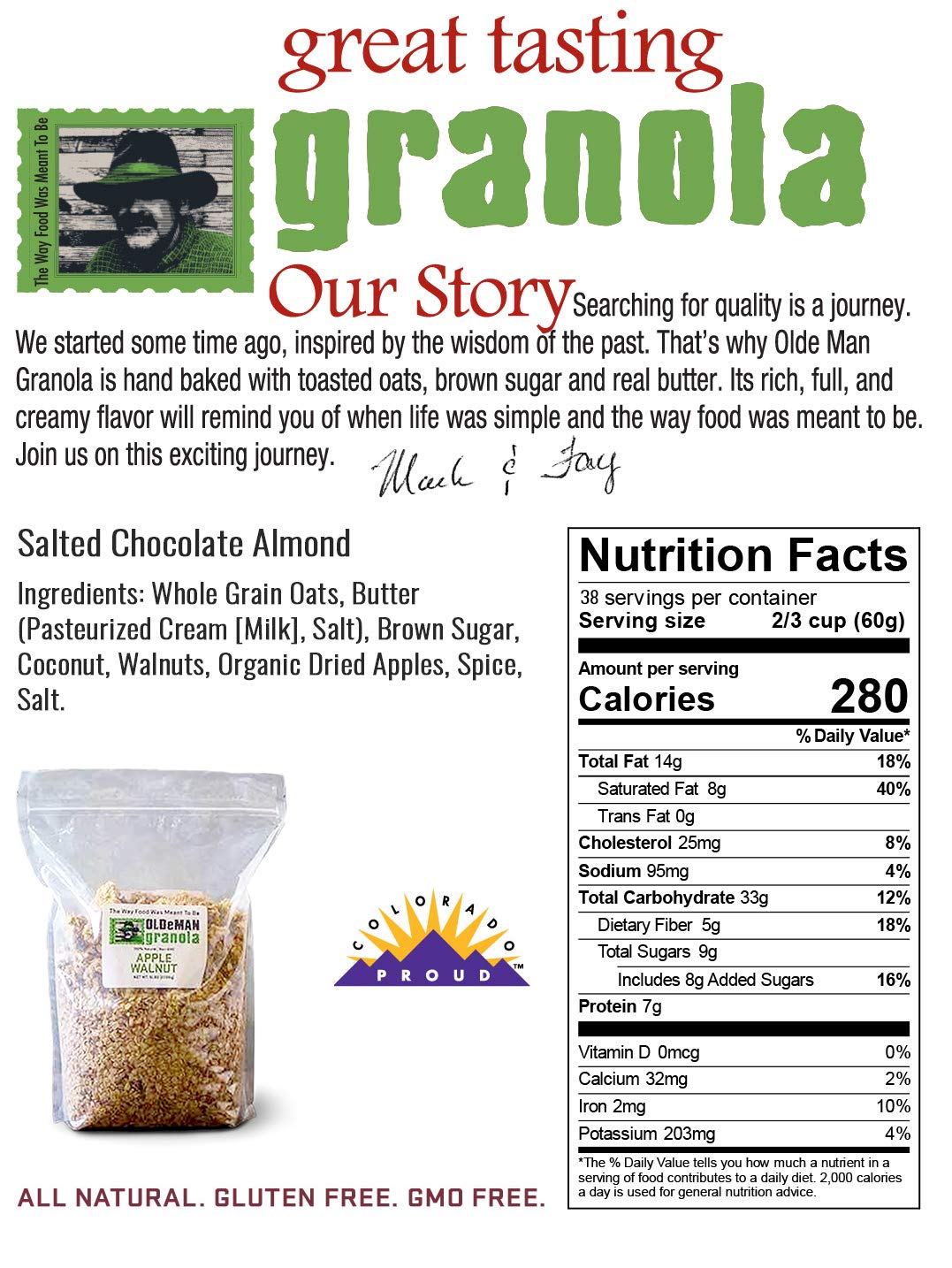 Olde Man Granola Gluten Free Granola - Non-GMO Healthy Granola Cereal - Soft Whole Grain Oats, Butter, Brown Sugar - Handmade in Colorado (Apple