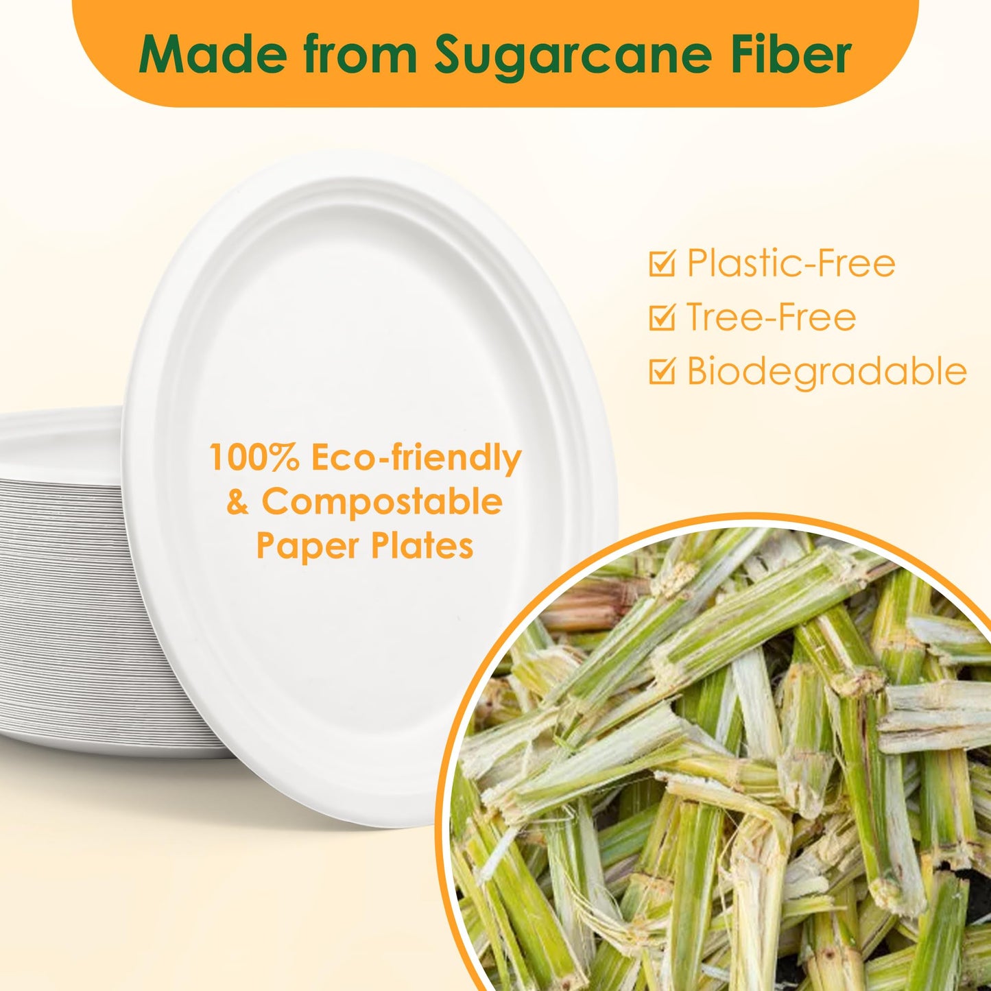 FEHHTO 100% Compostable Oval Paper Plates, 12.5Inch 50Pack Disposable Heavy Duty Bagasse Platters Eco-Friendly Biodegradable Sugarcane Plates for BBQ