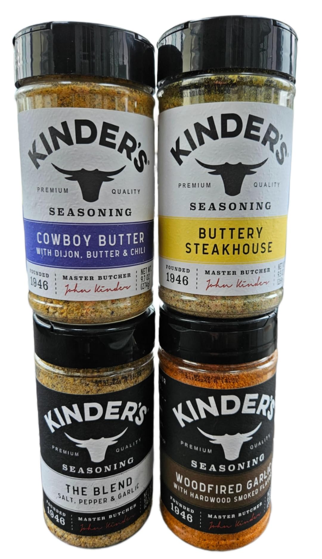 Seasoning Set by KINDERs Pantry Essentials, 4 Pack, 10.5 oz The Blend, 9.5 oz Buttery Steakhouse, 9.5 oz Woodfired Garlic, 9.4 oz Cowboy Butter