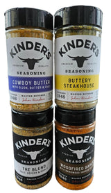Seasoning Set by KINDERs Pantry Essentials, 4 Pack, 10.5 oz The Blend, 9.5 oz Buttery Steakhouse, 9.5 oz Woodfired Garlic, 9.4 oz Cowboy Butter