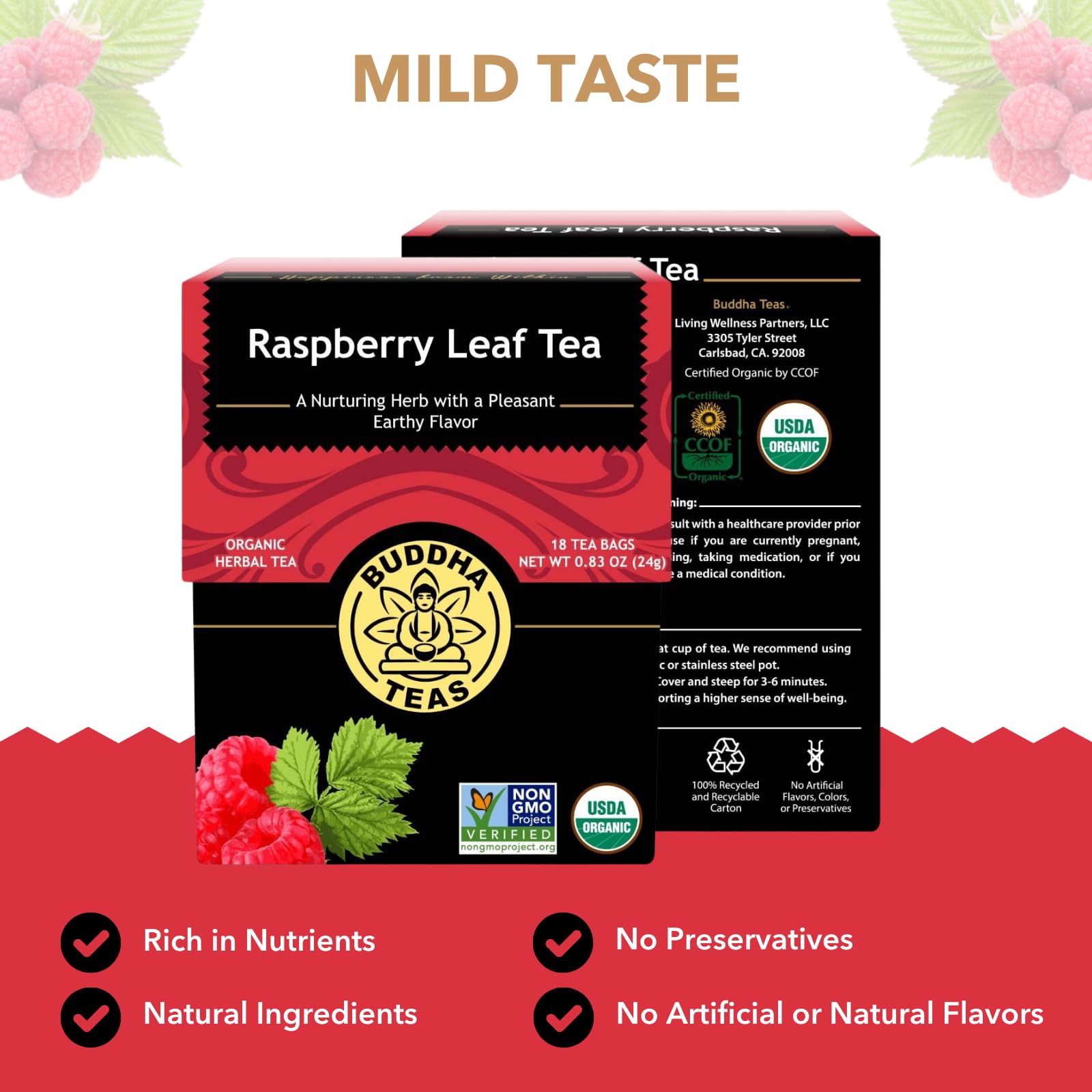 Buddha Teas - Organic Raspberry Leaf Tea - Herbal Tea - For Health & Wellbeing - With Vitamins, Antioxidants & Calcium - Clean Ingredients - Caffeine