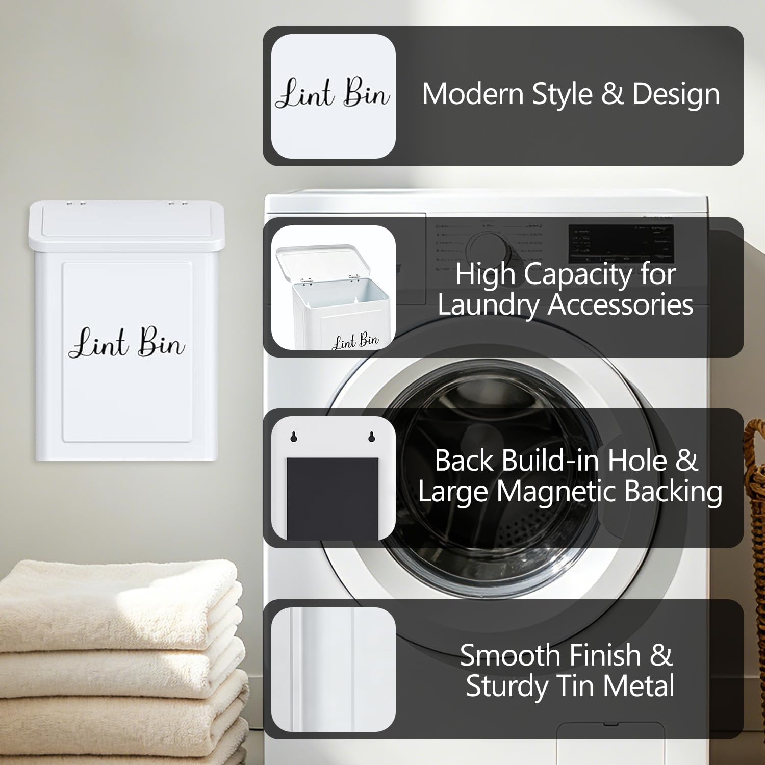 rumlick Magnetic Lint Bin for Laundry Room- Wall Mounted Metal Lint Box Holder Trash Can with Dryer Lint Brush, Laundry Room Organization and Storage