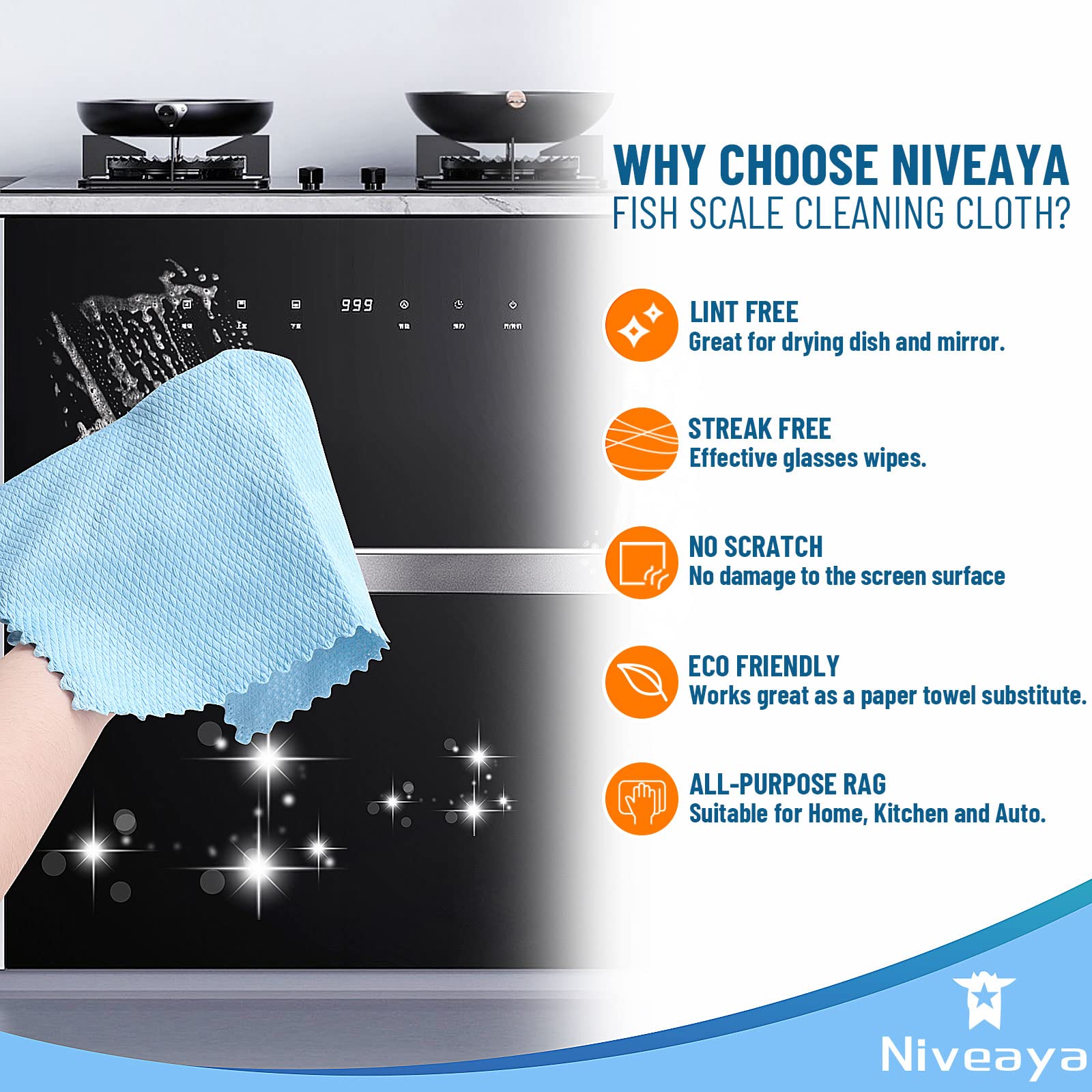 Niveaya Nano Streak Free Miracle Cleaning Cloths - 12 Pack, Reusable Nanoscale Fish Scale Cleaning Cloth, Lint Free Cleaning Cloth for Glass, Dishes
