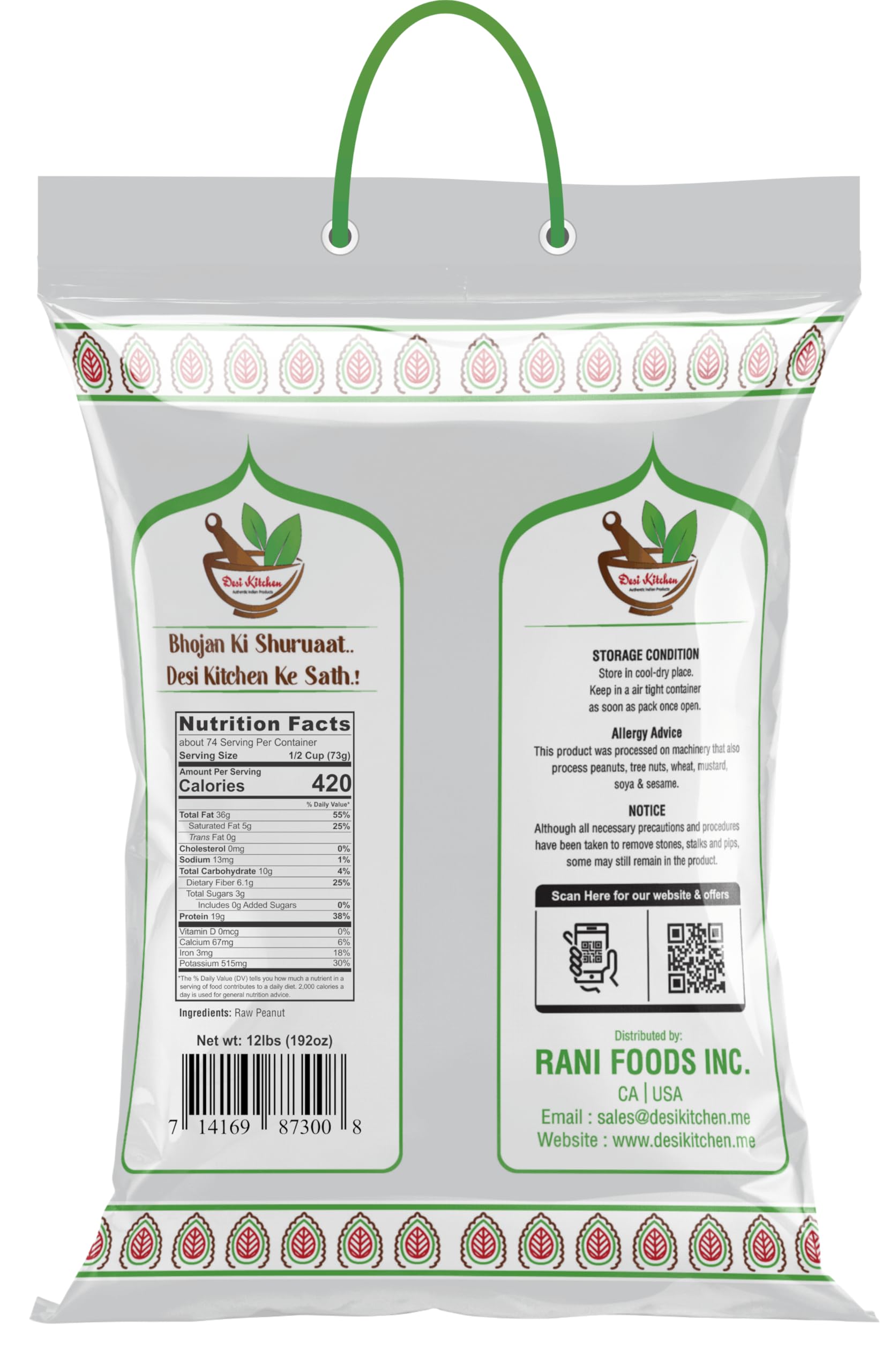 Desi Kitchen Raw Peanuts Whole with skin (Uncooked, Unsalted) 12lbs (192oz) Poly Bag by Rani Foods Inc