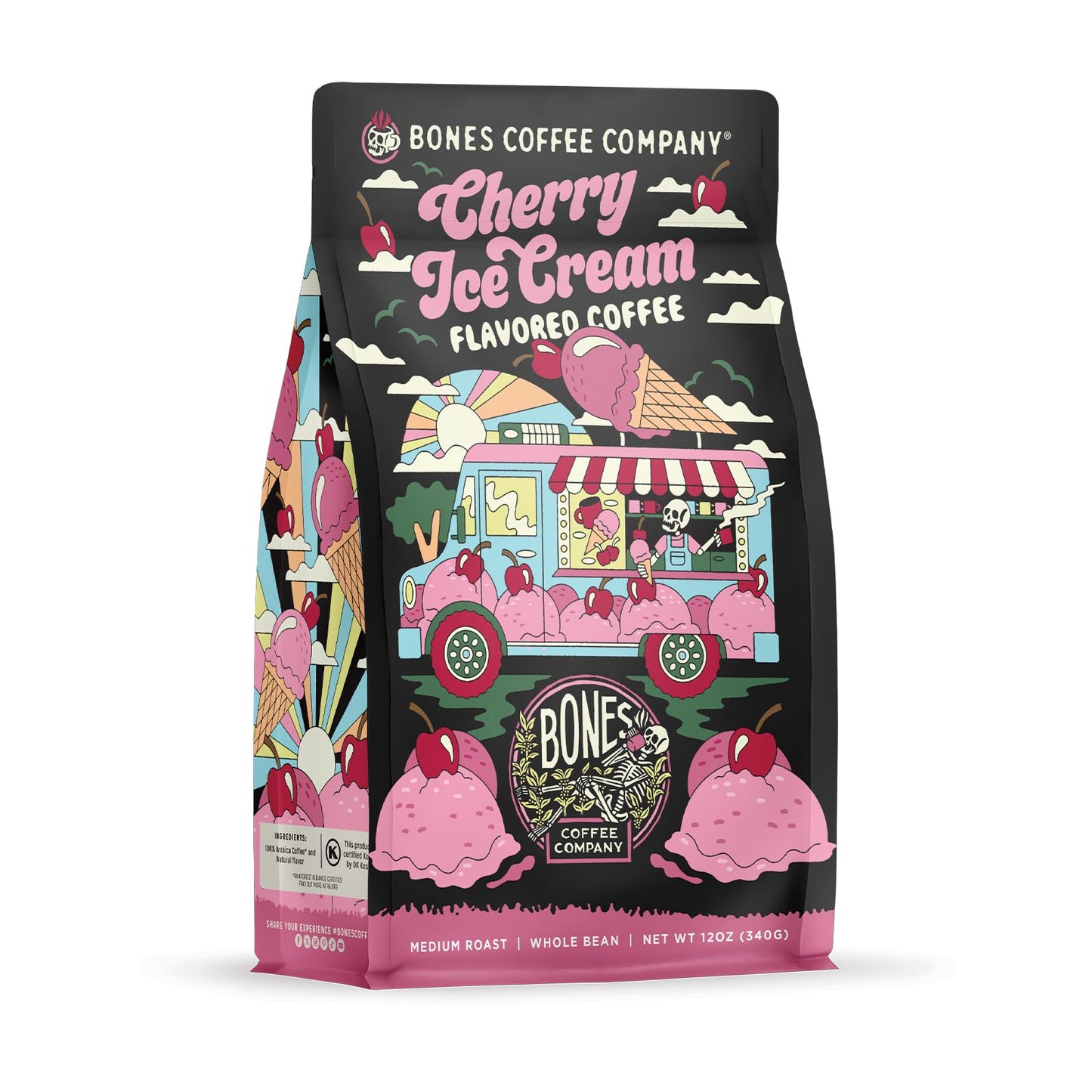 Bones Coffee Company Cherry Ice Cream Flavored Coffee, Medium Roast Low Acid Arabica Beans Compatible with Auto drip and French Press Coffee Maker, 12