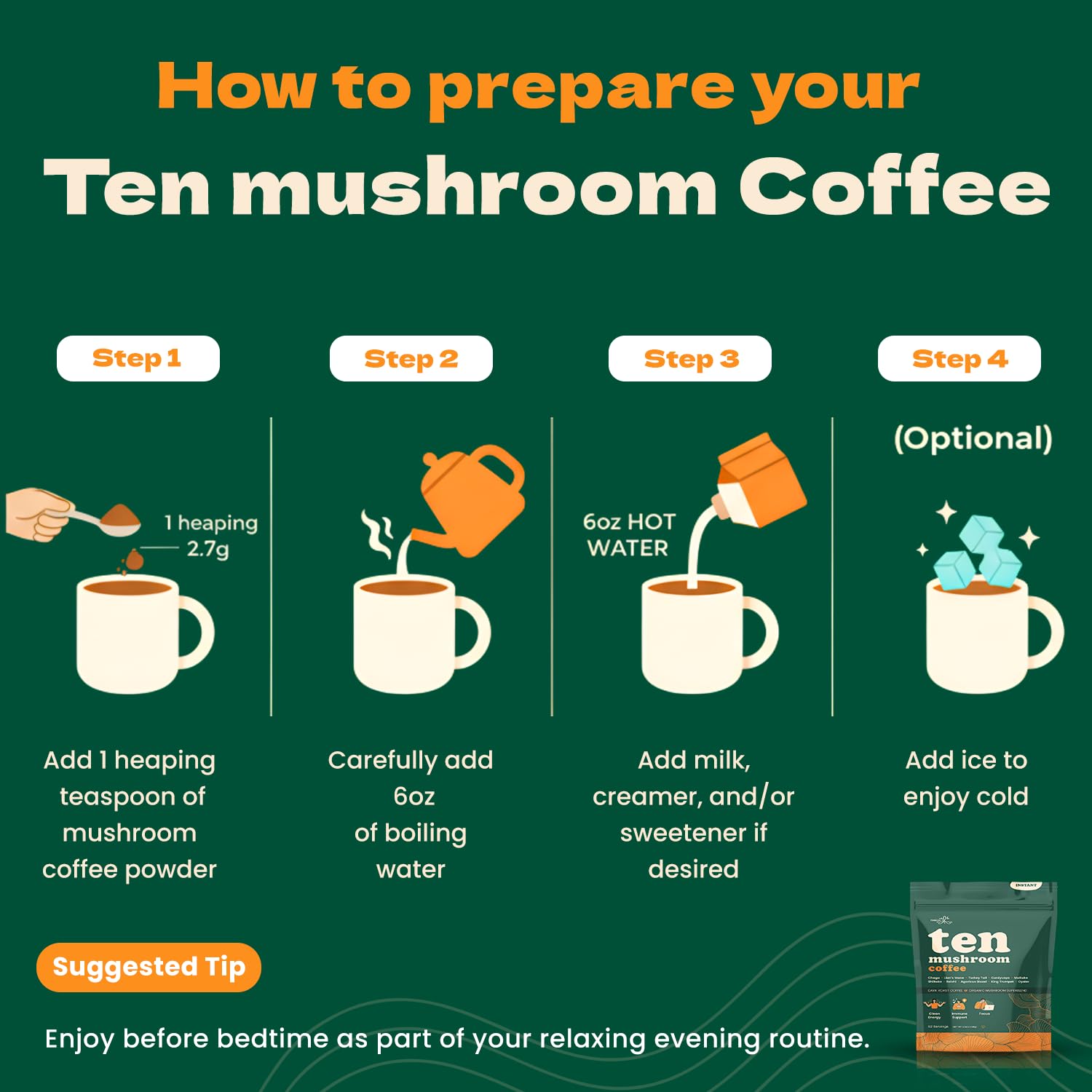 Ten Mushroom Coffee- Instant Dark Roast Coffee with 10 Organic Functional Mushrooms (Lion’s Mane, Chaga, Cordyceps, Reishi & More)- Mushroom Coffee