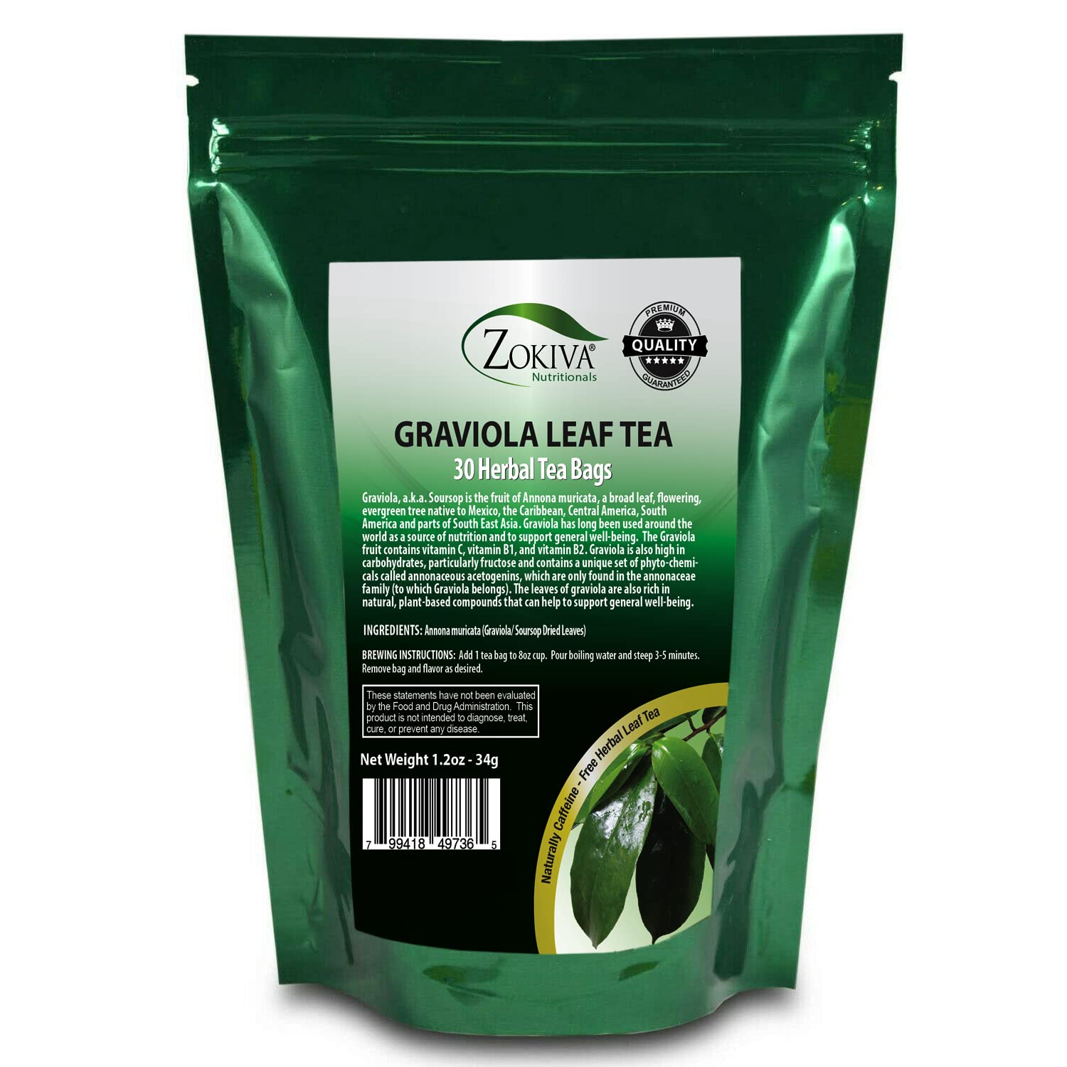 Zokiva Nutritionals Graviola Tea 30 Bags Soursop - Annona Muricata - Guanabana Herbal Tea - 100% Pure Soursop Leaf for - Caffeine-Free, Graviola Tea