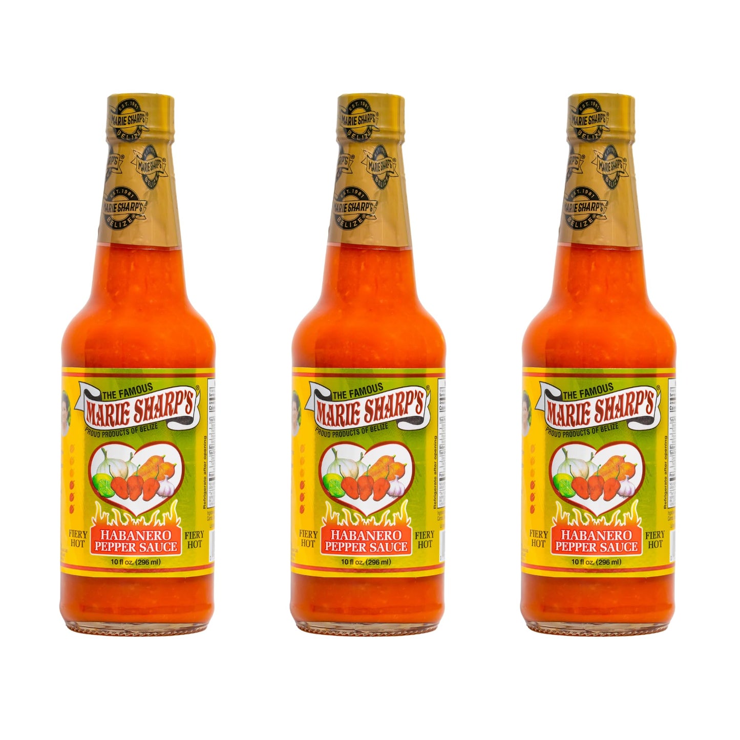 Marie Sharp’s Fiery Hot Habanero Pepper Sauce, 10 oz - Extra Hot Belizean Hot Sauce with Intense Heat & Flavor - All-Natural, Gluten-Free (Pack of 3)