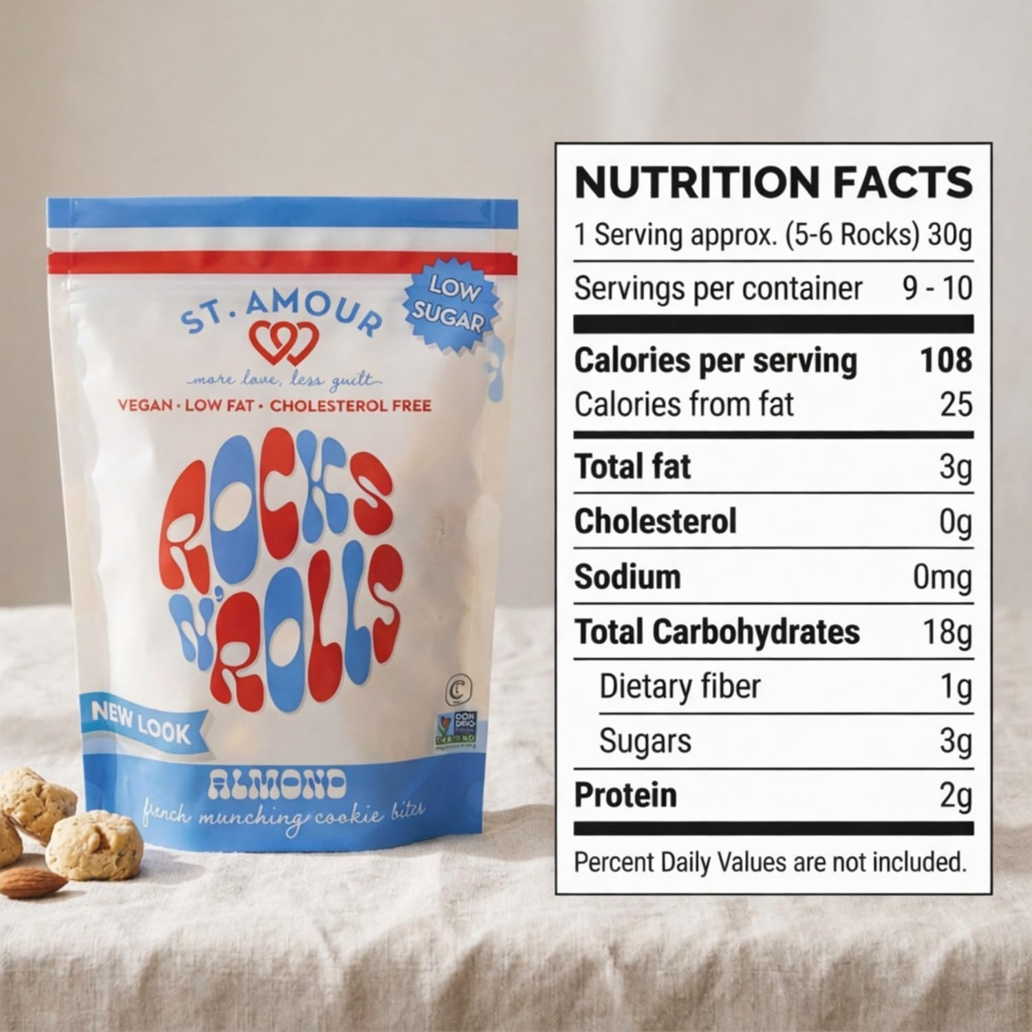 ST. AMOUR Vegan Almond Rocks N Rolls - French Snack Bites Low Sugar Low Fat Dairy Free Cholesterol Free - Crunchy Almond Cookies Plant Based Sweet