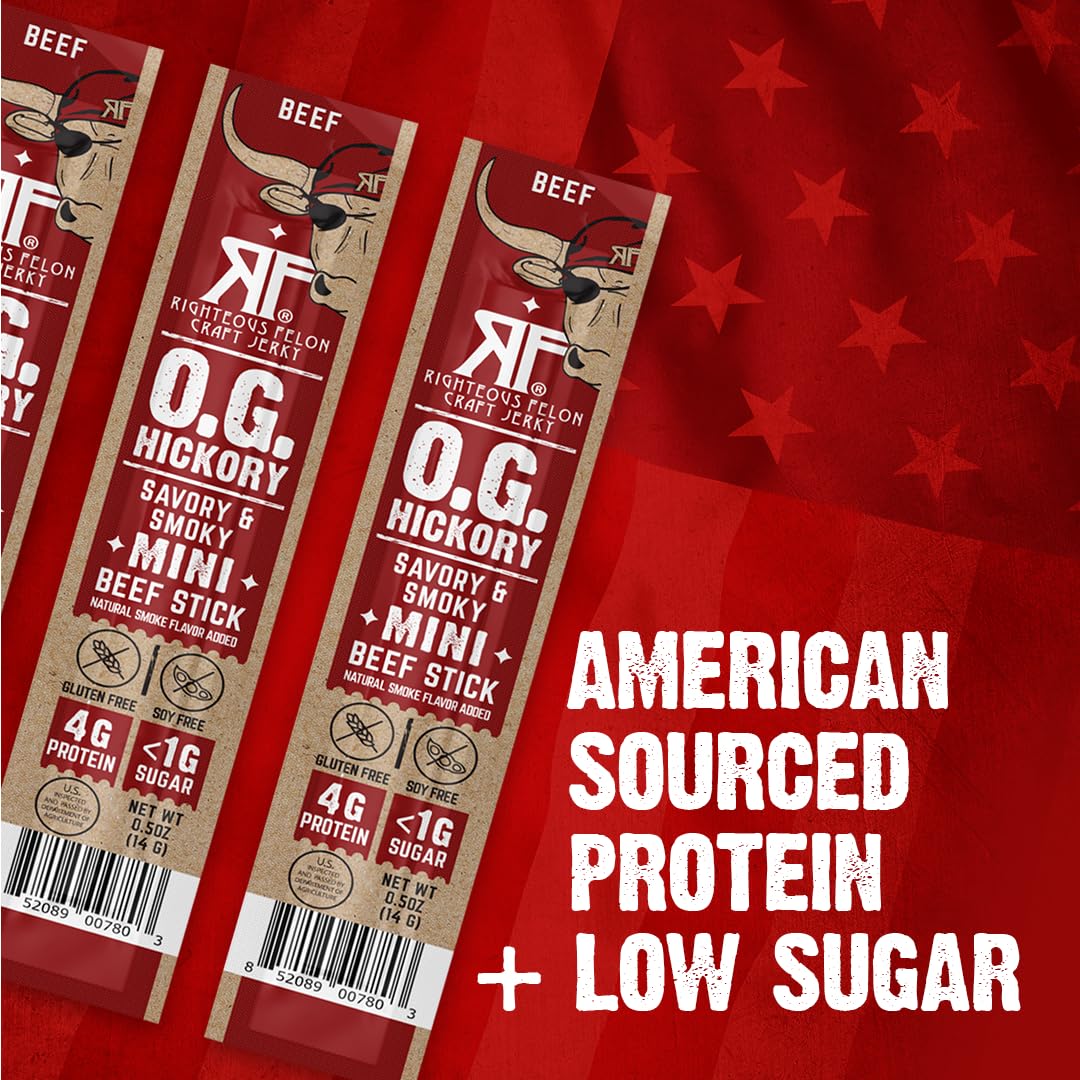 Righteous Felon Mini Meat Sticks | 100% Grass-Fed Beef Sticks | Keto, Gluten Free, Low Sugar, High Protein Snacks | Healthy Meat Snacks for Kids