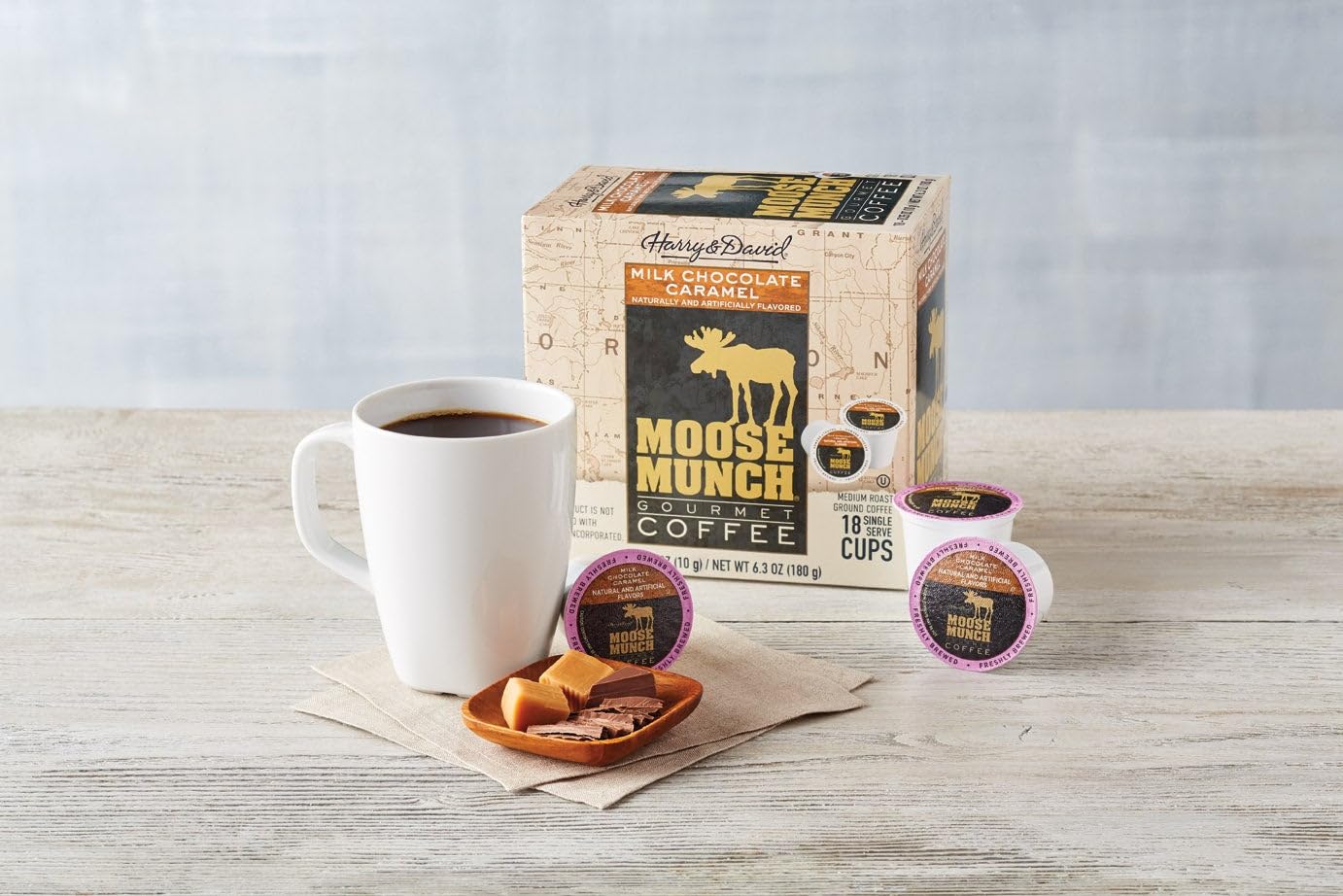 Moose Munch Milk Chocolate Caramel Single-Serve Coffee By Harry & David (18 Cups), Moose Munch Coffee, Caramel Coffee, Single Serve Coffee, Milk