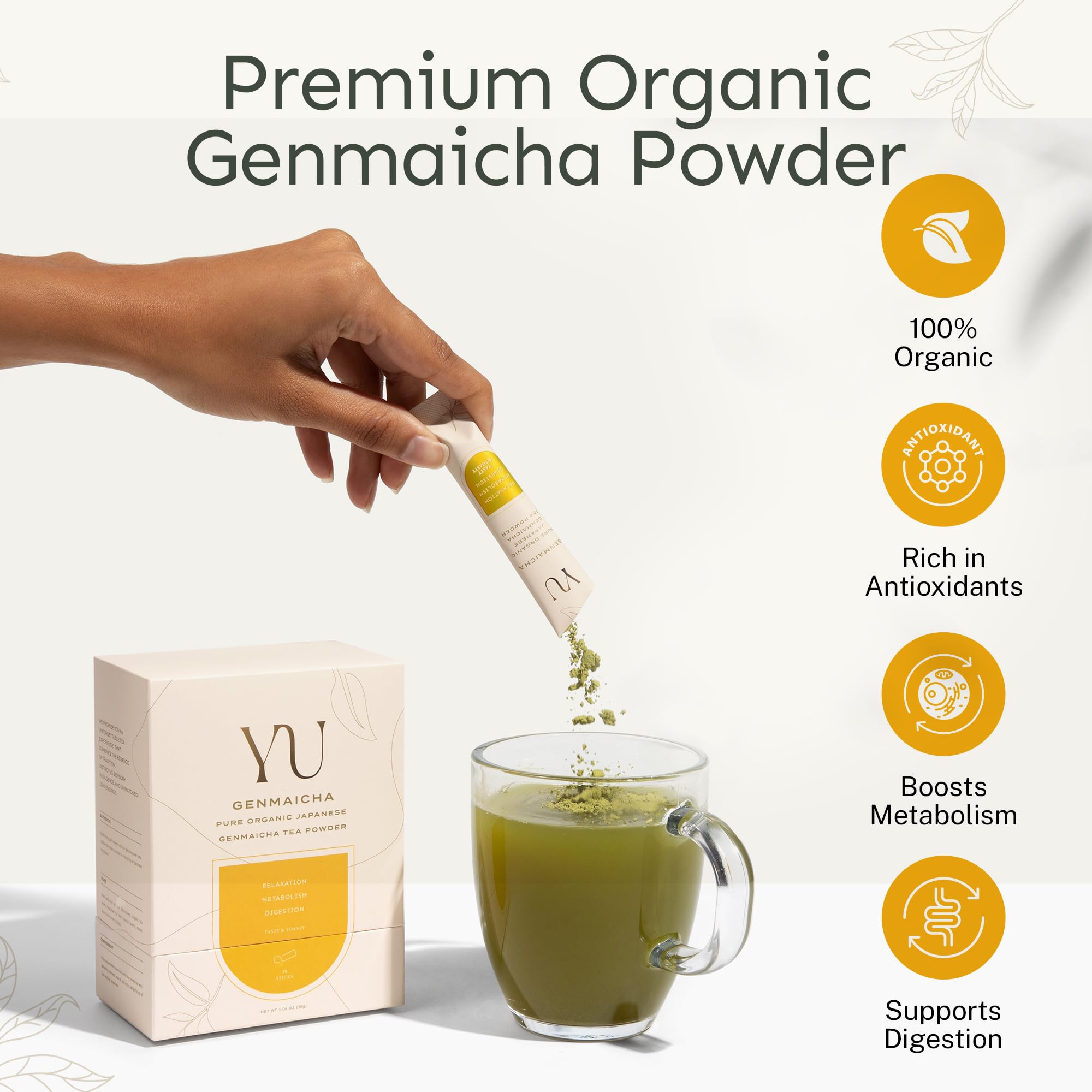 Yu Tea Organic Genmaicha Green Tea Powder, 30 Instant Packets | Japanese Green Tea & Roasted Brown Rice | Low Caffeine & Unsweetened | Relaxation