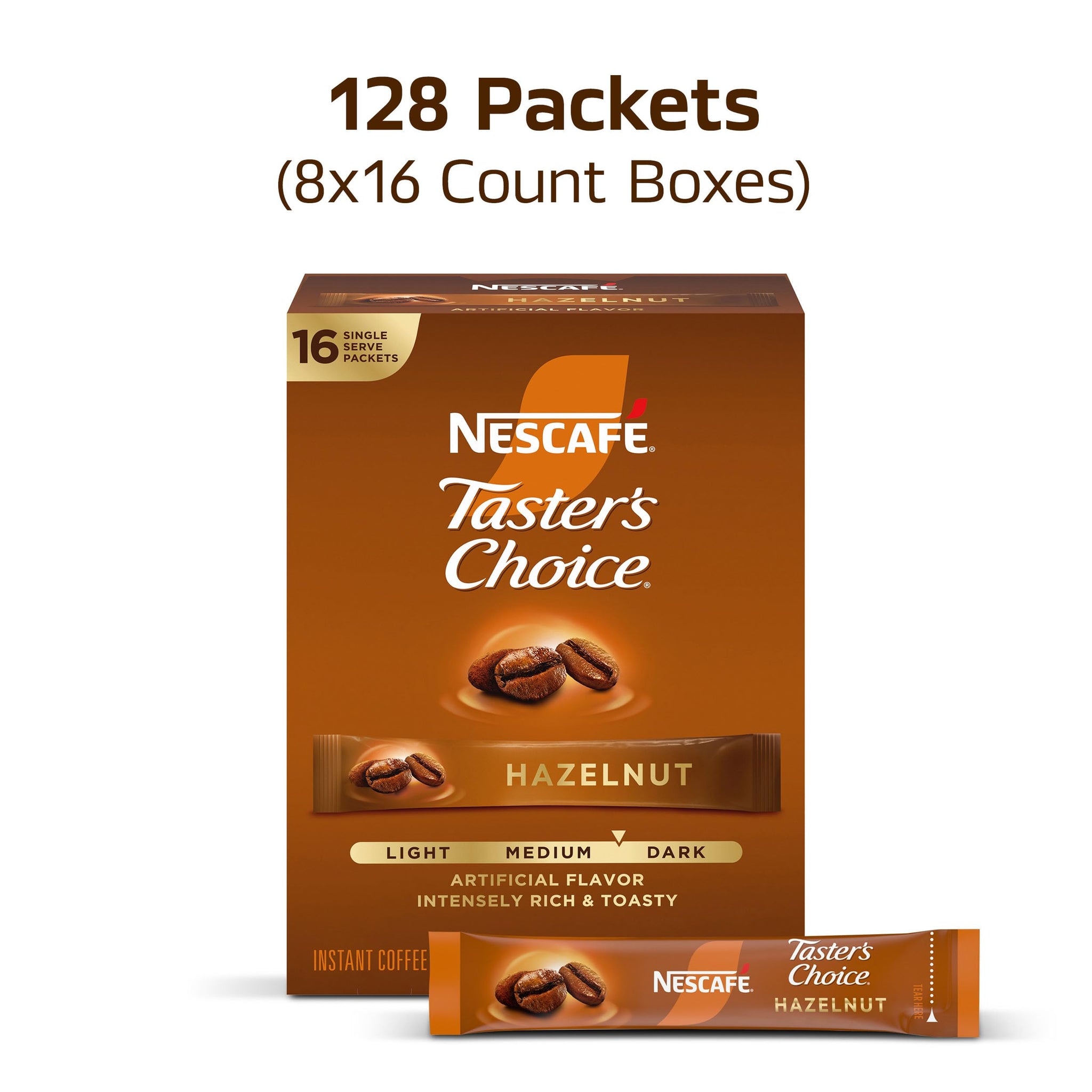 NESCAFÉ Taster's Choice, Instant Coffee Packets, Hazelnut Flavored Coffee, 8 Boxes (128 Packets)